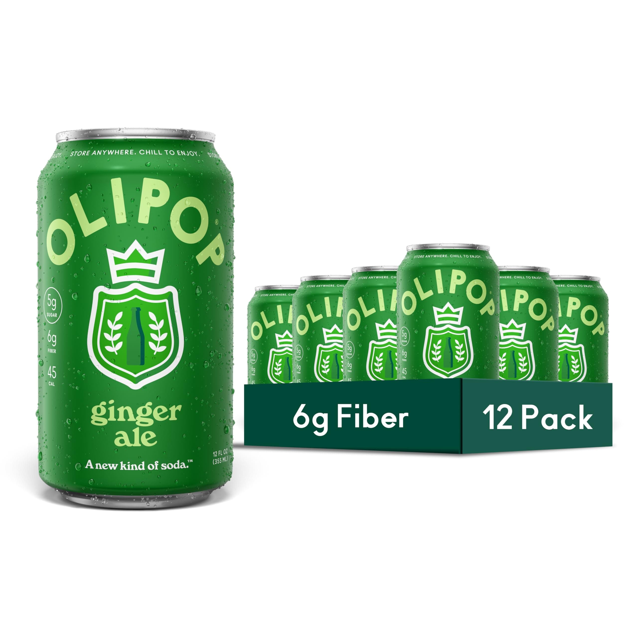 OLIPOP Prebiotic Soda Pop, Ginger Ale, Pantry Pack Packed with Prebiotics, Fiber, and Botanicals, Gluten Free, GMO Free, 12oz (12-Cans)