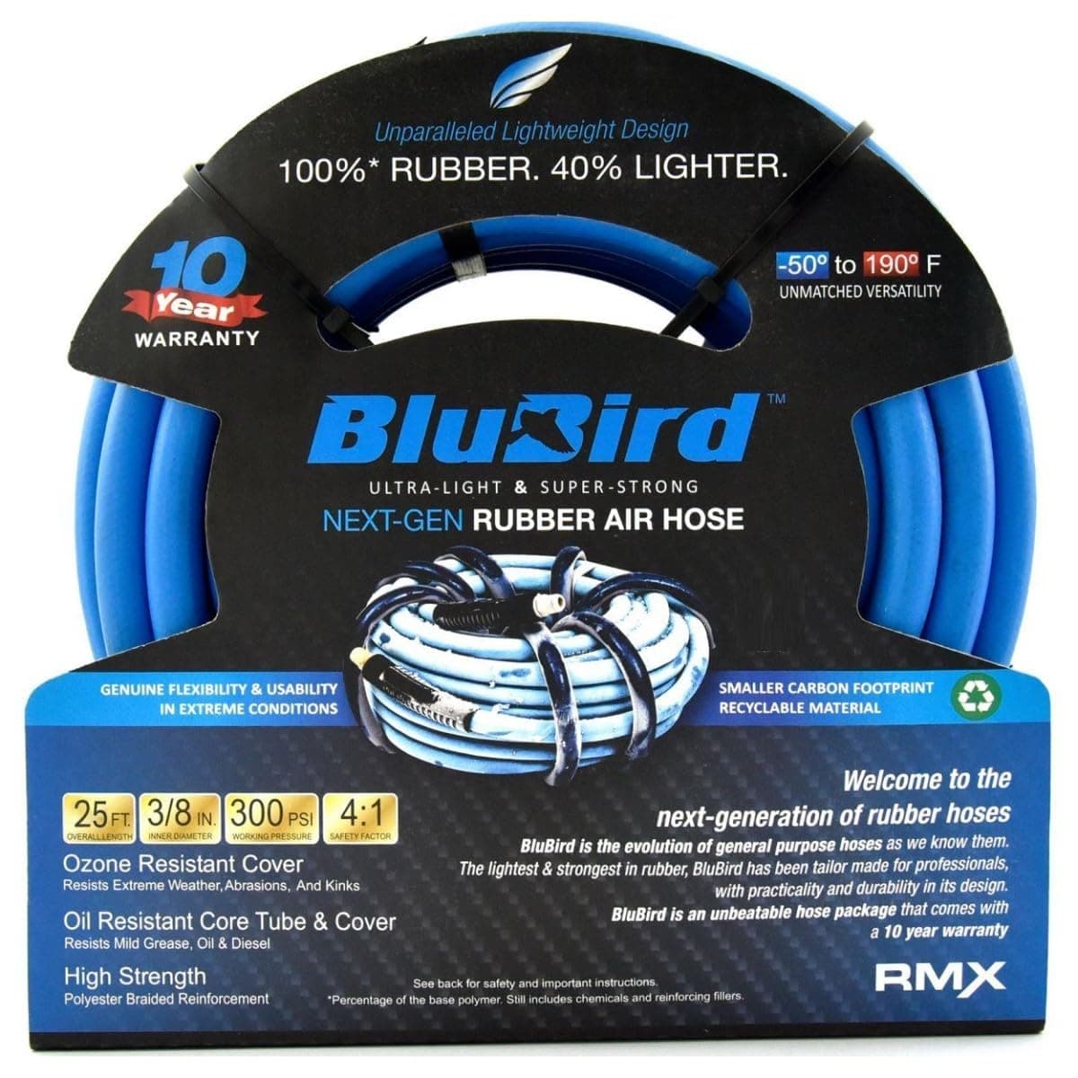 BB3825 3/8" x 25' Rubber Air Hose, 100% Rubber, Lightest, Strongest, Most Flexible, 300 PSI, 50F to 190F Degrees, Ozone Resistant, High Strength Polyester Braided