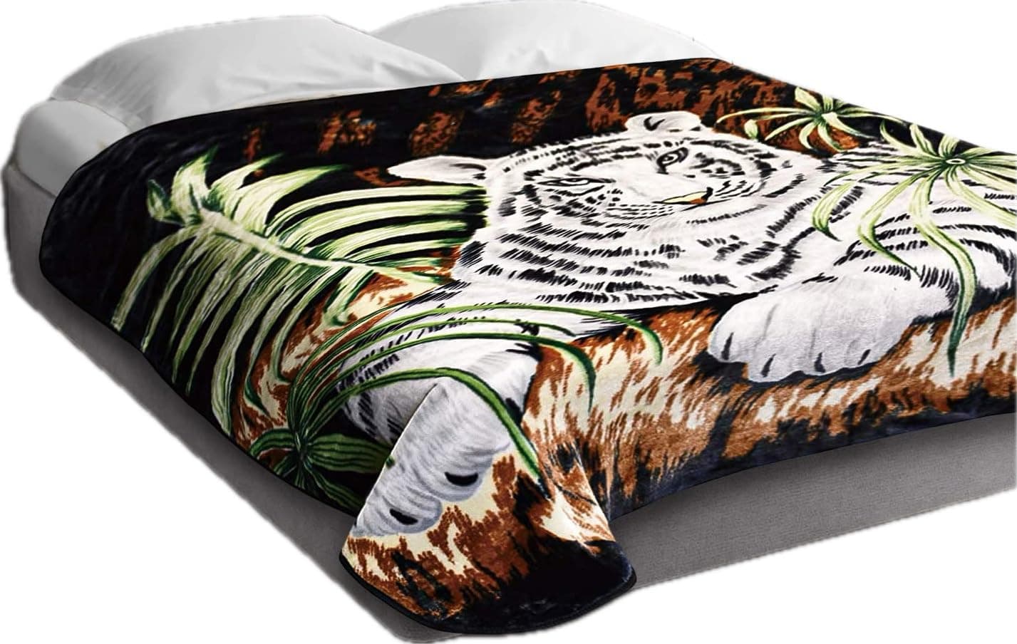 Queen Size Heavy White Tiger Blanket for Adults – 5.3 lbs, 2-Ply Soft and Warm Korean Mink Fleece Blankets, Thick and Cozy Animal Print Raschel Winter Big Throw, No-Lint and No-Fraying (75'' x 90'')