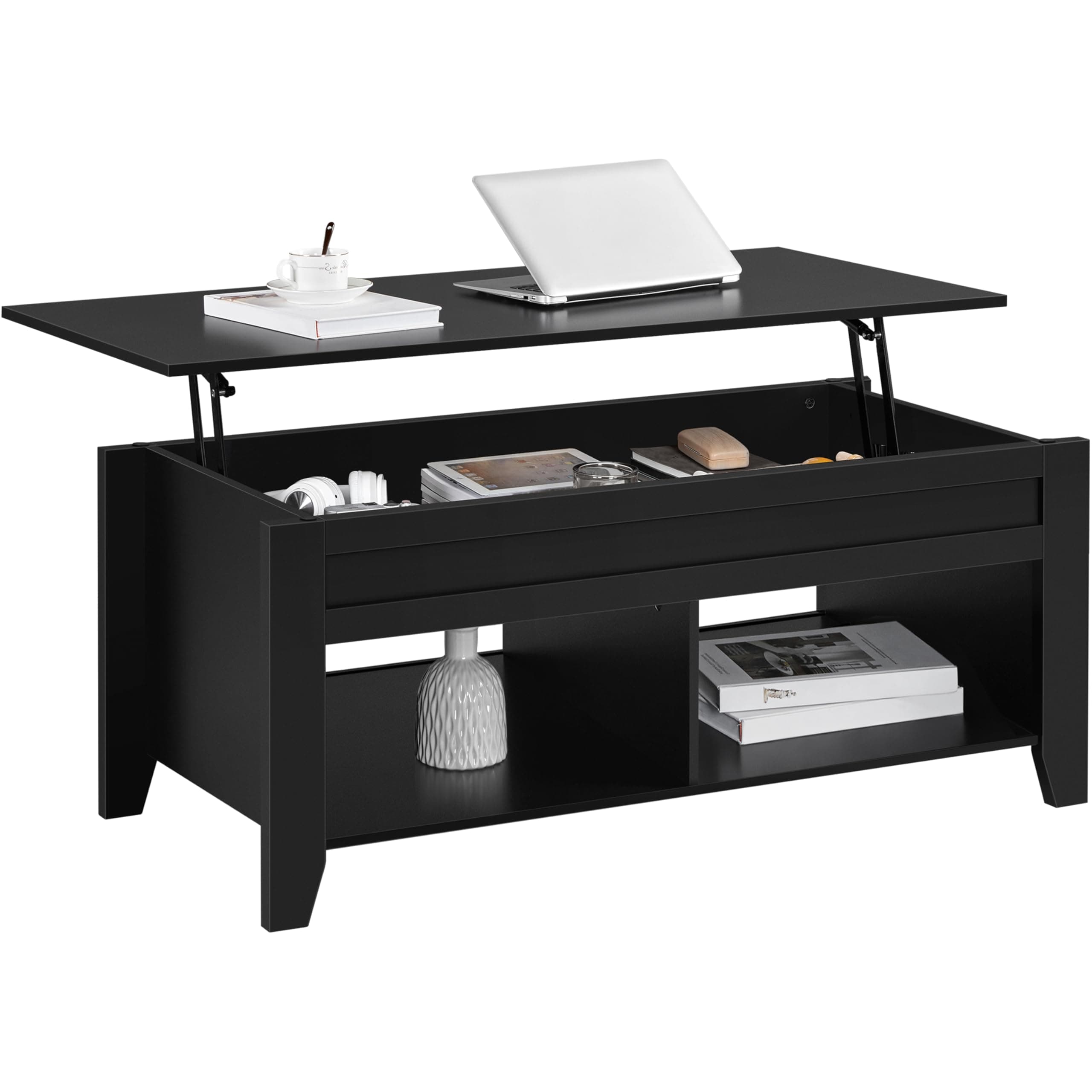 Black Coffee Table, Lift Top Coffee Tables with Hidden Storage Compartment & Open Shelf, Lift Tabletop Pop-Up for Living Room Reception, 47.5inch L