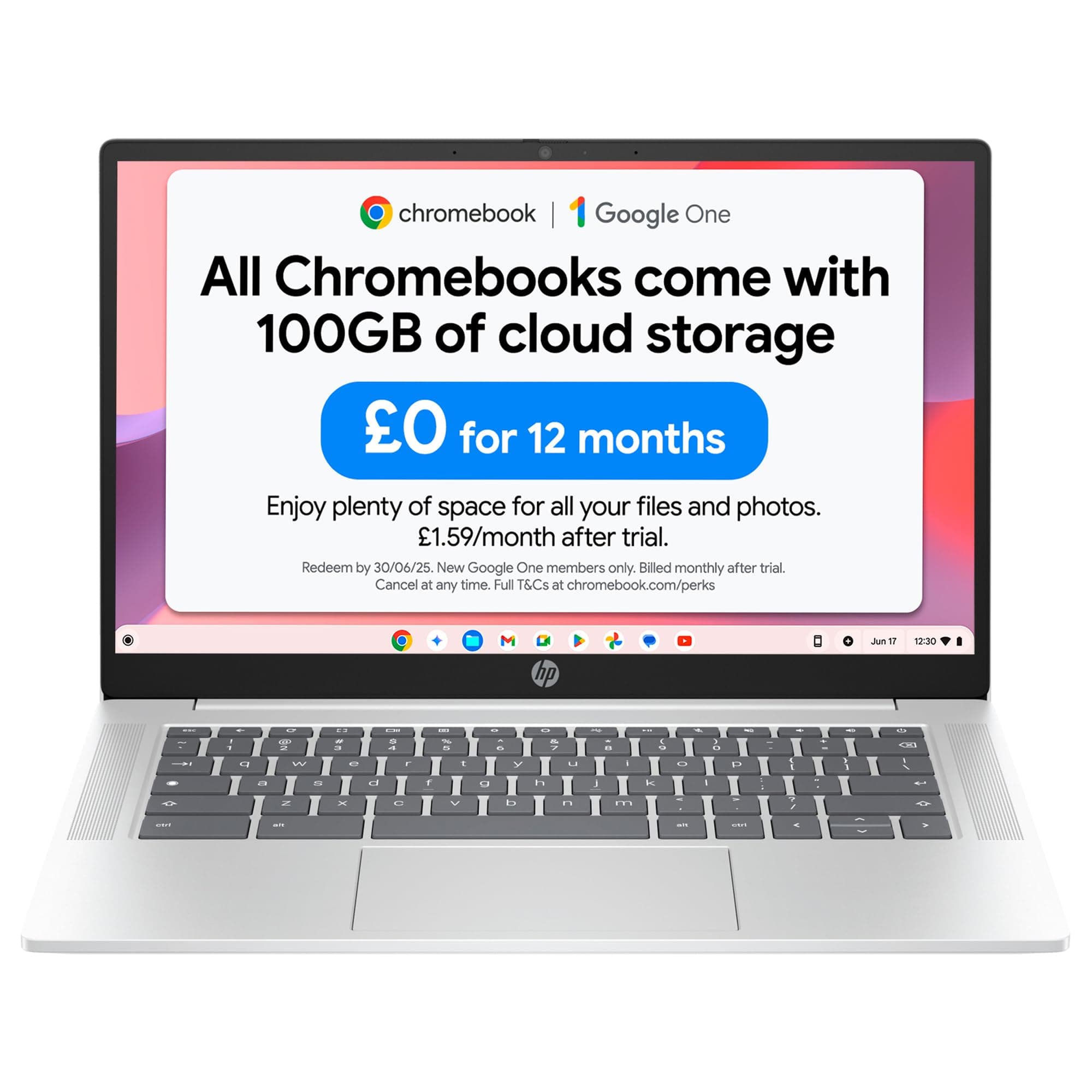 HP Chromebook 14" | Intel Processor N100 Processor| 4 GB RAM | 128 GB Flash Storage | Intel UHD Graphics | HD Display | Up to 12hrs battery | Chrome OS | Dual Speakers | Glacier Silver | 14a-nf0002sa