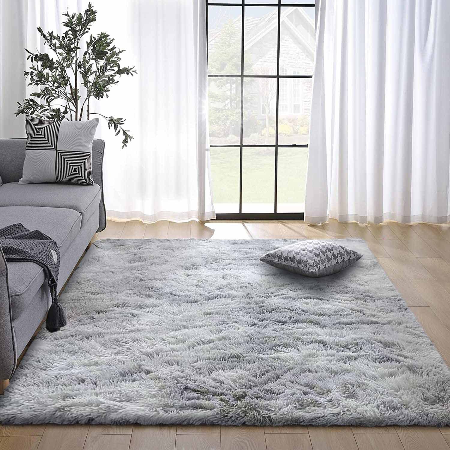 Area Rugs Fluffy Bedroom Carpet Soft Floor Mat Anti-Slip Living Room Rugs Shaggy Plush Carpets for Living Room Home Decor (Grey white, 80 * 120cm)