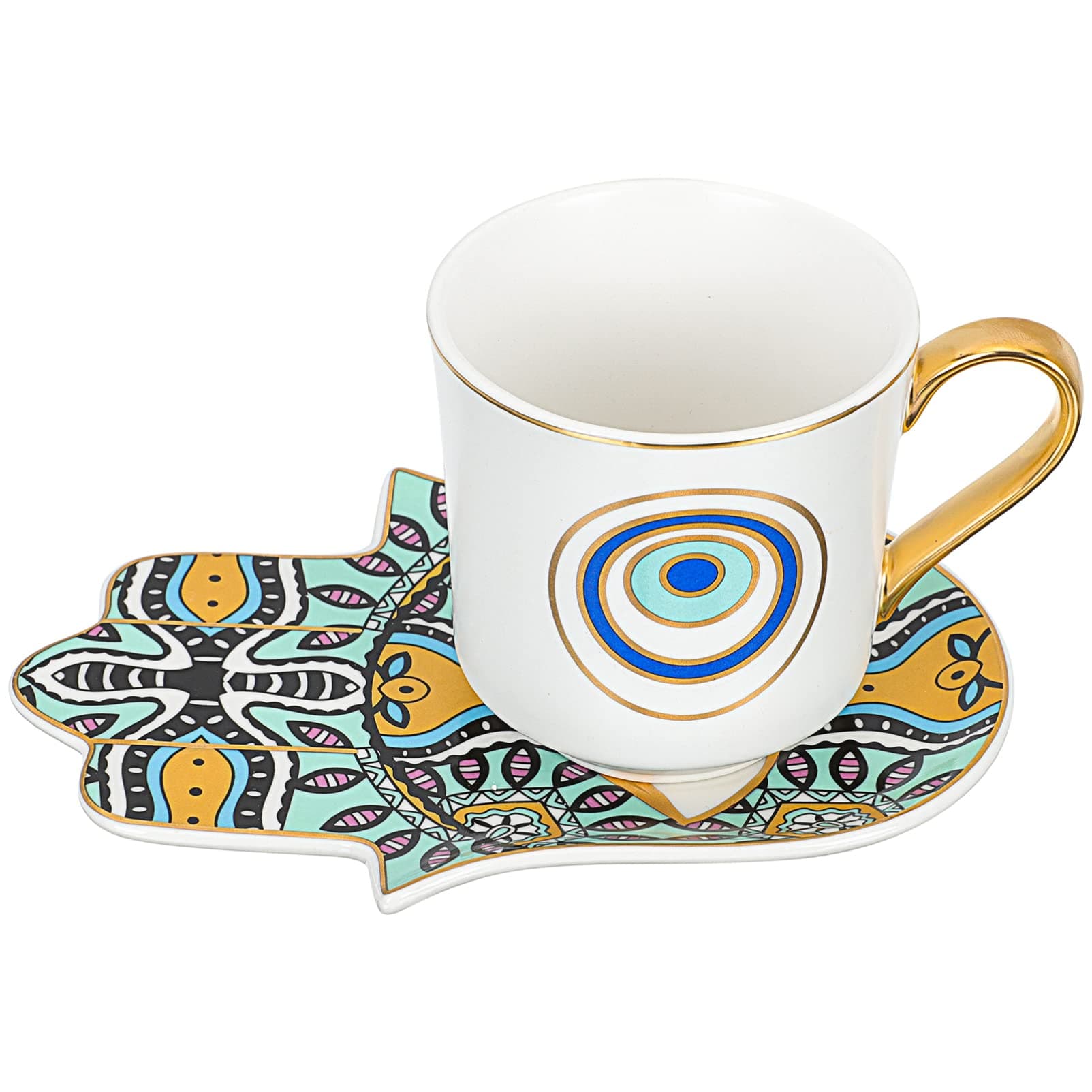 YARNOW Coffee Mug Saucer Set Evil Eye Design Tea Cup and Hamsa Hand Tray Saucer Royal Tea Cups Turkish Arabic Greek Coffee Cup for Cafe Home Kitchen 200ML