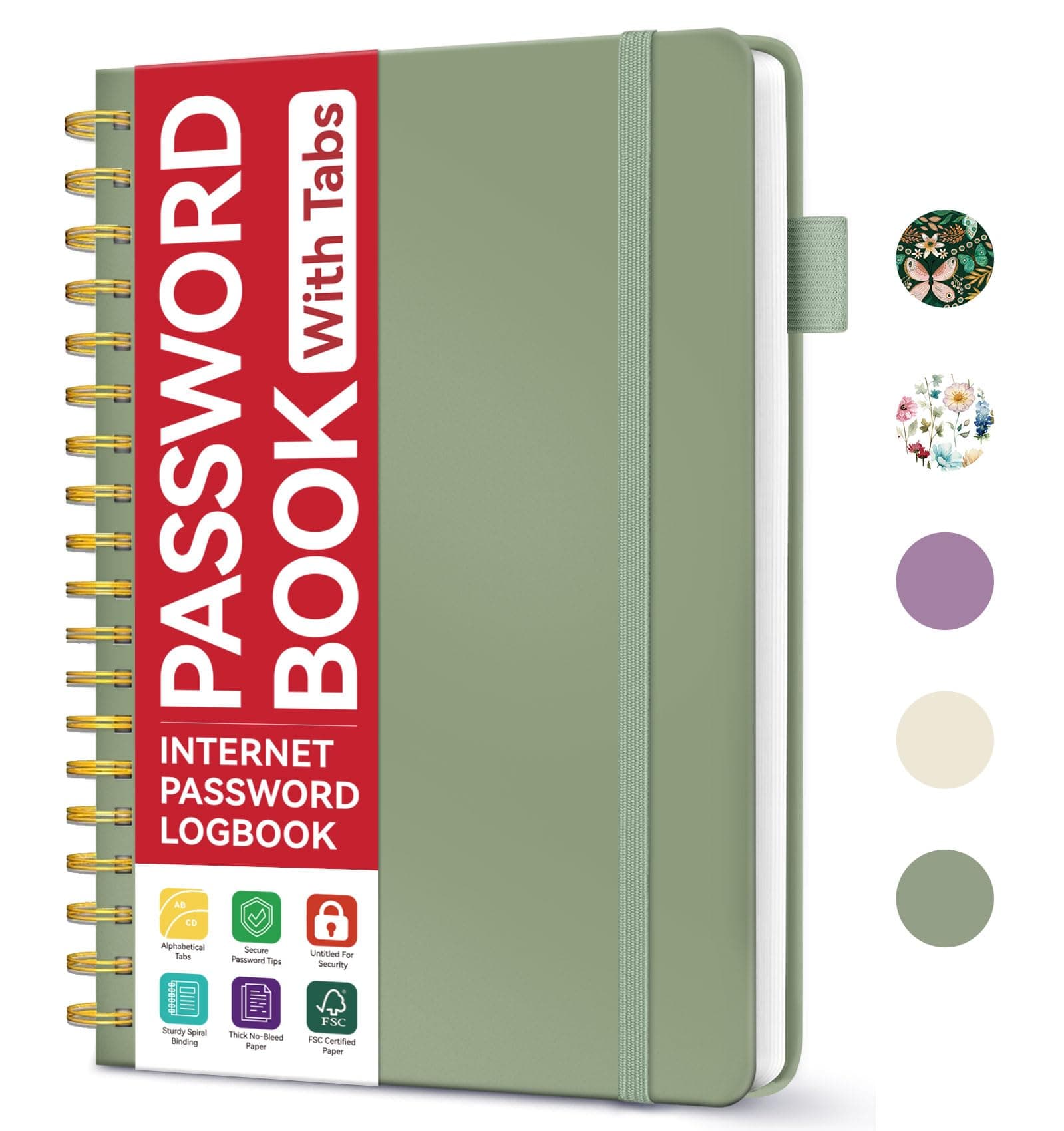 Password Book with Alphabetical Tabs, 5.5" x 6.7" Spiral Password Book, Small Password Books for Seniors, Password Keeper Book to Help You Stay Organized - Green