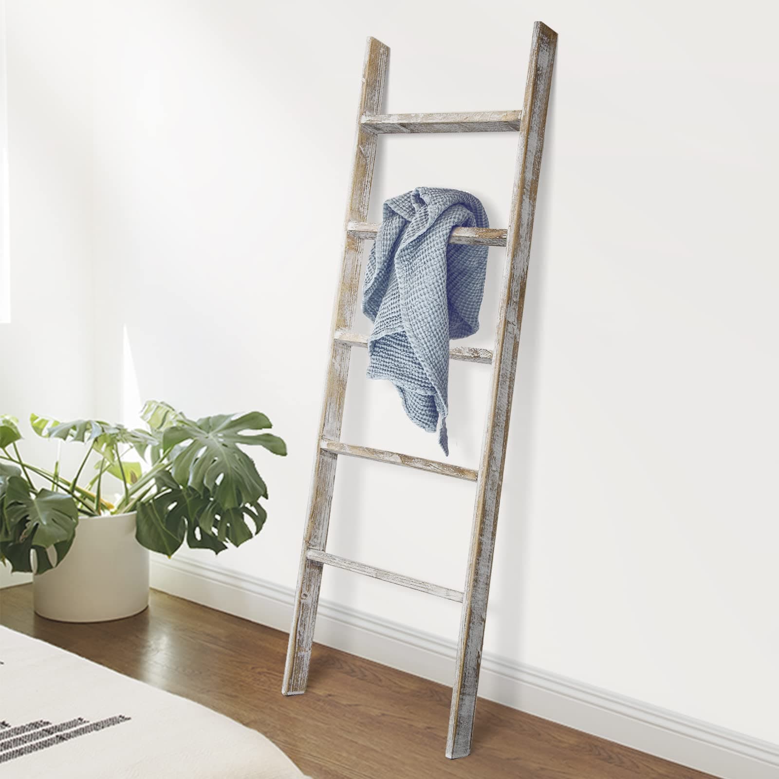 RHF Extra Thick Blanket Ladder,Rustic Wood Ladder, Decorative Heave Duty Ladder for Blanket, Farmhouse Blanket Ladder, Storage Ladder Shelf, Assembly Required, 4-Feet (White, 4 Ft)