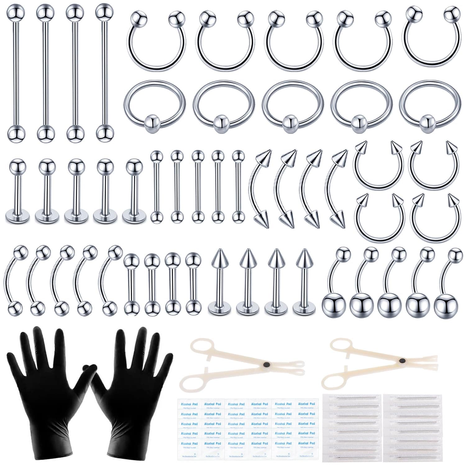104pcs Piercing Kit 14G16G Kit Piercing Kits for all piercings (Stainless steel color)