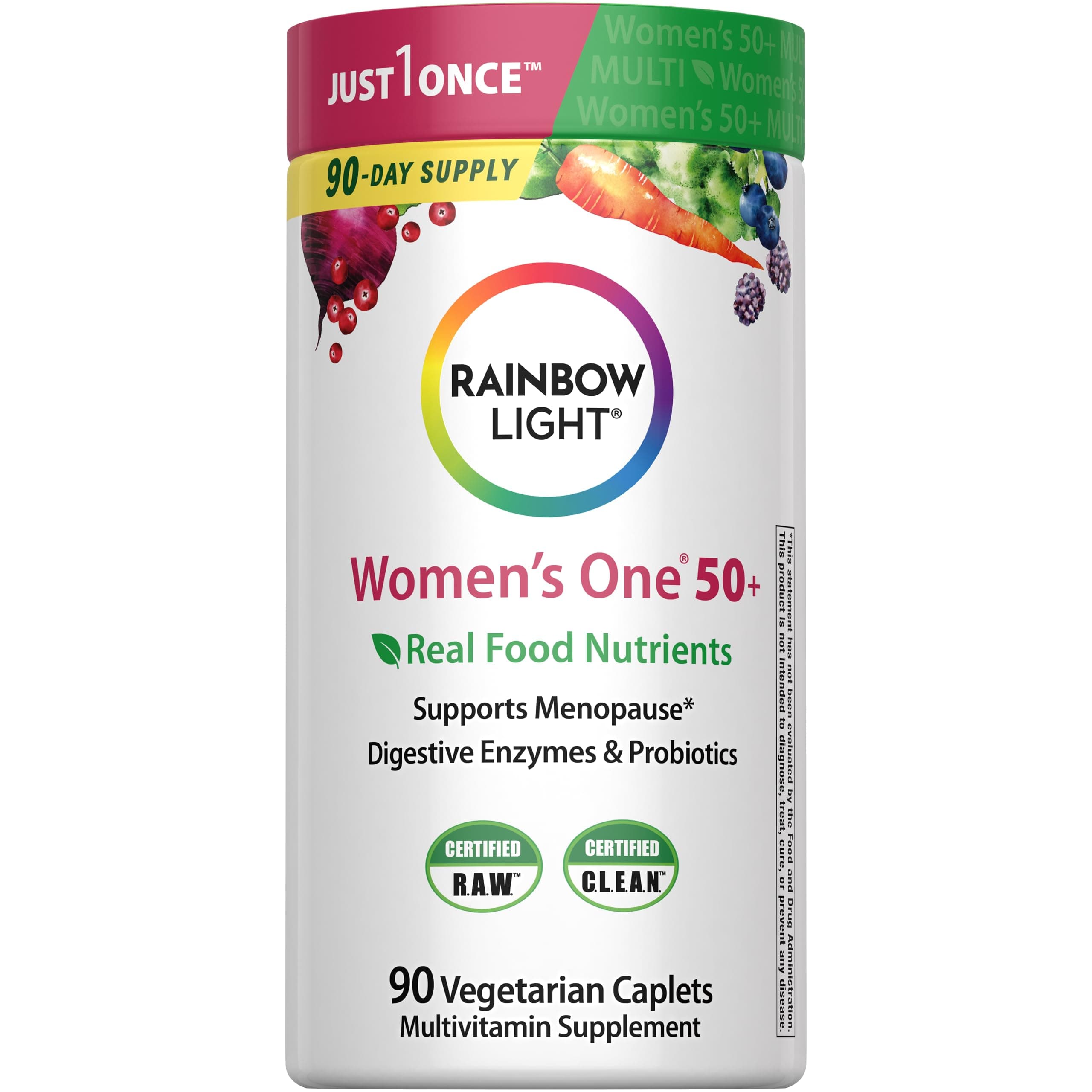 Womens One + Multivitamin 50 Plus | 90 Caplets | Supports Menopause | Real Food Nutrients, Digestive Enzymes & Probiotics