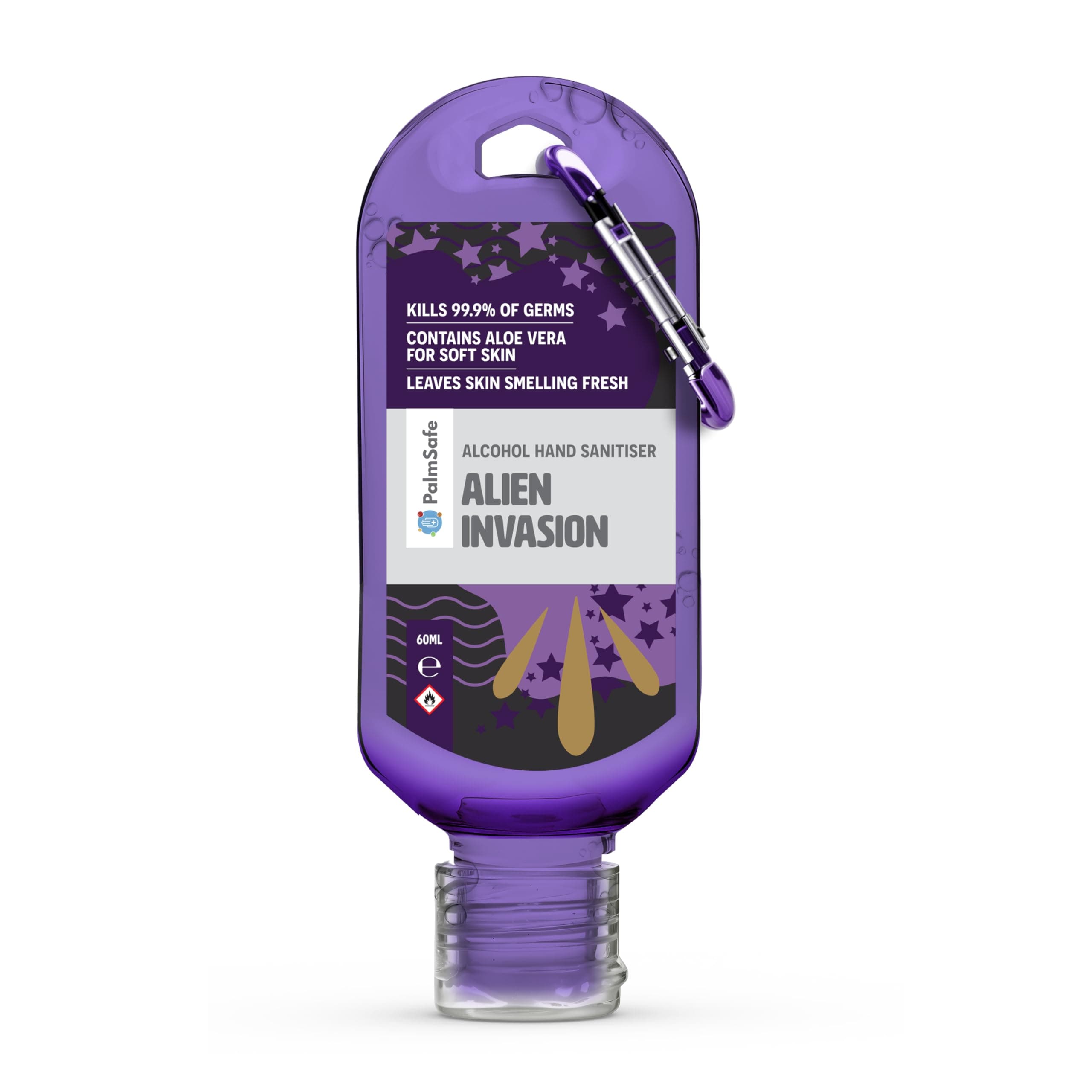 Alien Invasion 60ml Anti Bacterial Premium Hand Sanitiser Travel Size Refillable Clip Bottle Quick Drying Non Sticky Extra Moisturising Kills 99.9% of Viruses