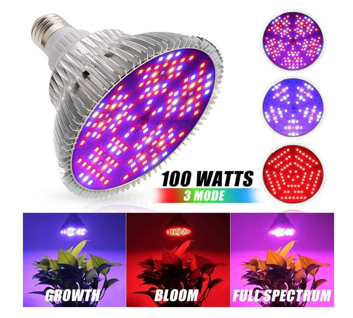 100w Upgrade LED Grow Light Bulb, Bloom Growth Full Spectrum 3 Mode Plant Light Bulb, 150leds Indoor Plant Grow Lamp for Vegetable Greenhouse Hydroponic Grow Tent, E26 Indoor Grow Light AC 85~265V