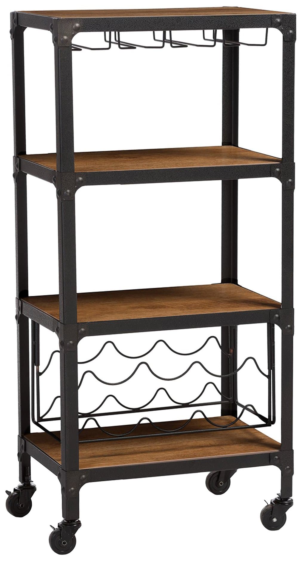 Baxton StudioSwanson Rustic Industrial Style Antique Black Textured Finish Metal Distressed Wood Mobile Kitchen Bar Wine Storage Shelf