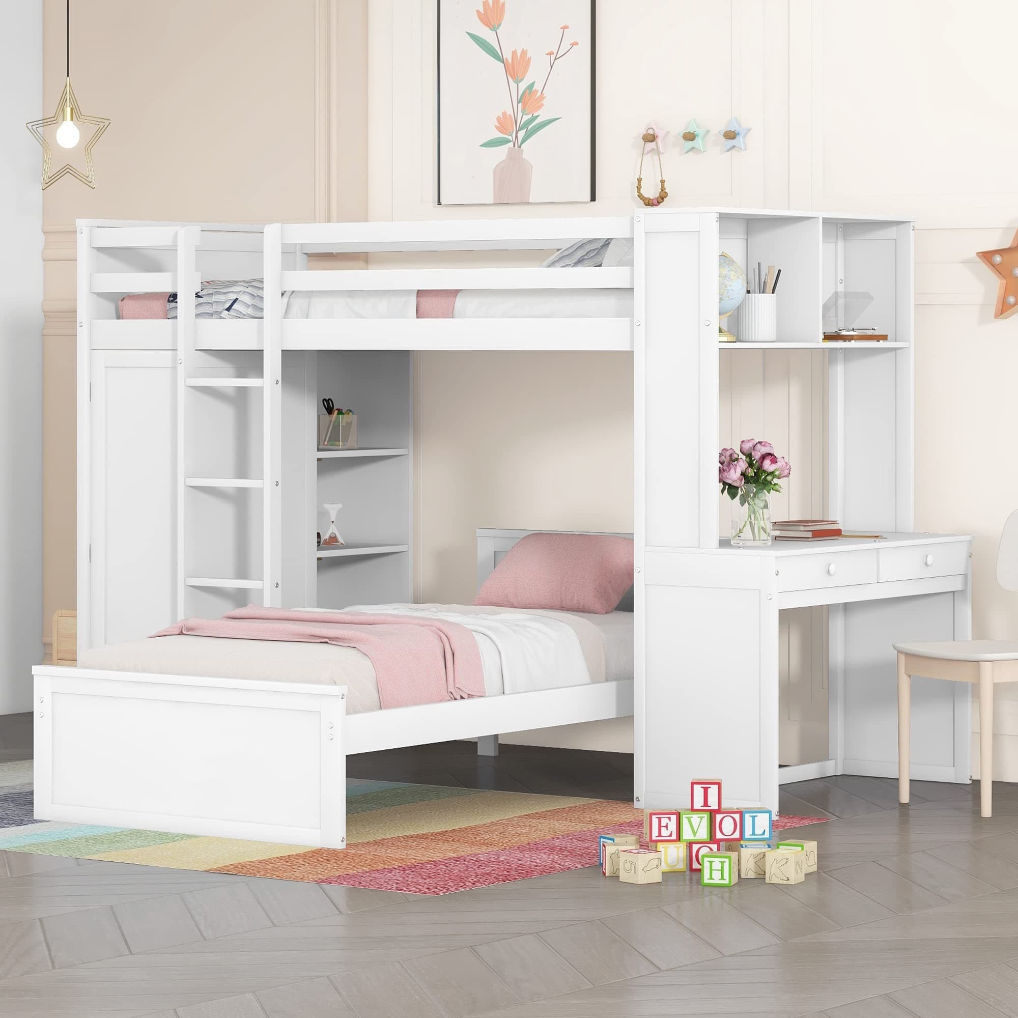 Harper & Bright Designs Twin Over Twin Bunk Bed with Desk, Storage, Solid Wood Bunk Bed with Shelves and Wardrobe, Twin Size Loft Bed with a Stand-Alone Bed for Kids Teens Adults - White