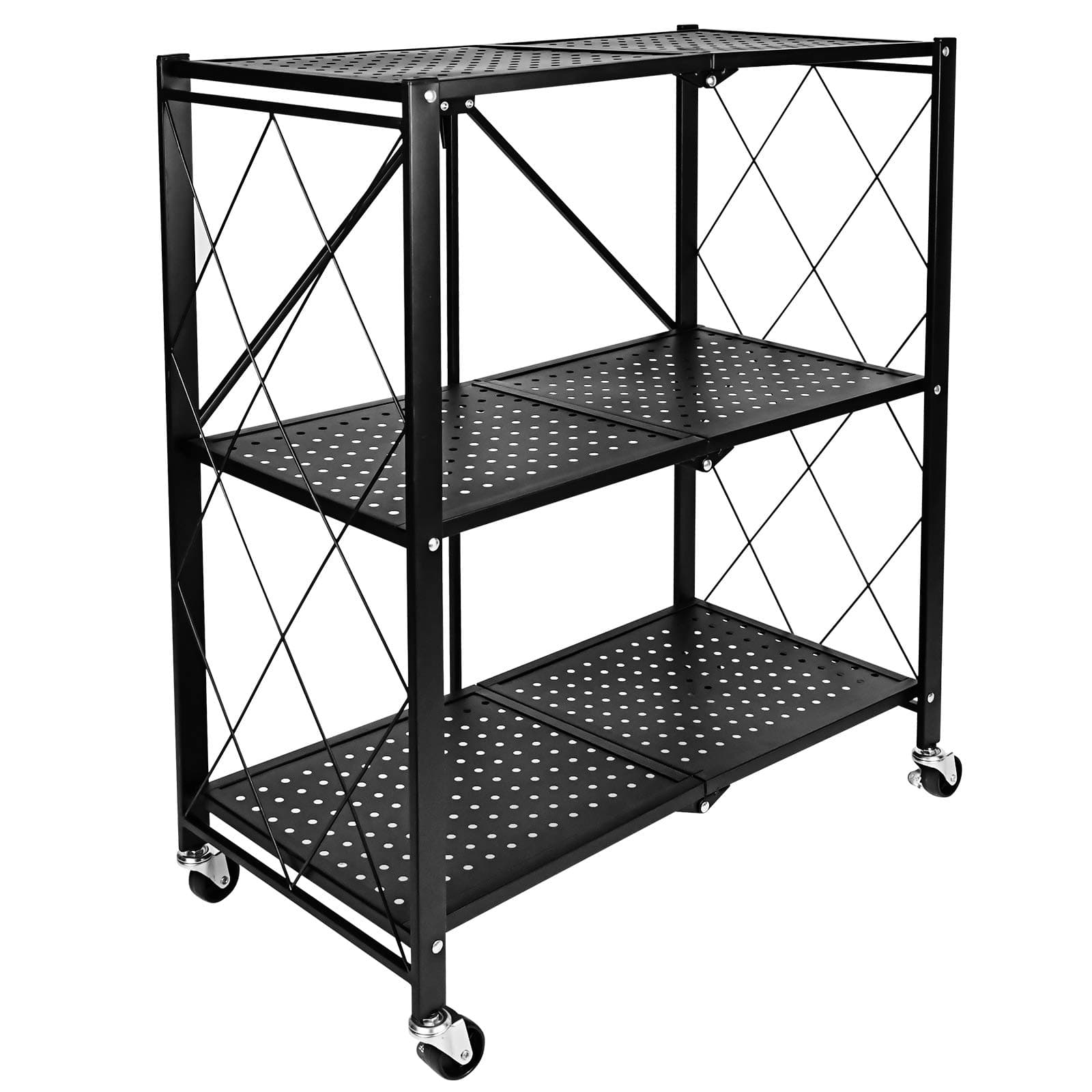 YSSOA 3-Tier Foldable Metal Rack, 27.95" D x 13.39" W x 33.85" H Storage Shelving Unit with Wheels Moving Organizer Shelves for Garage Kitchen, Black