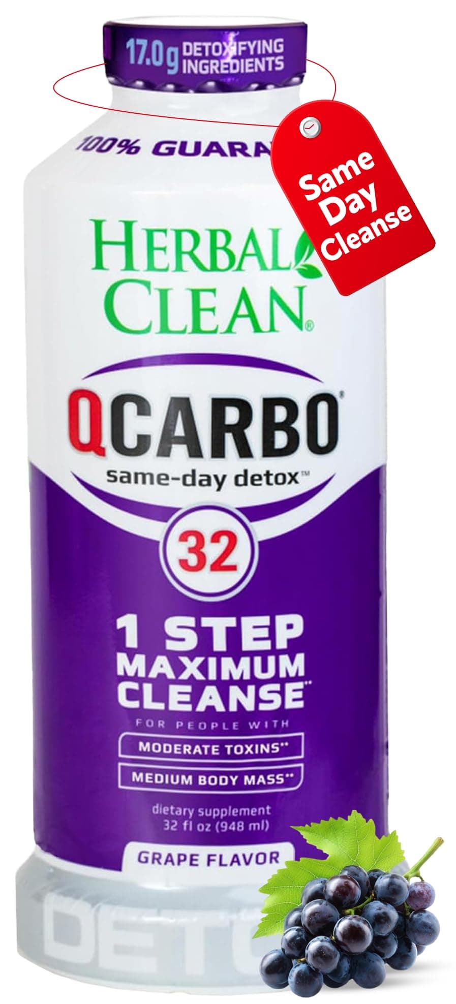 Herbal Clean Qcarbo32 Same Day Detox Cleanse Drink (32 fl oz) - Grape Flavor Full Body Cleanse* Detox Drink for Moderate Toxin Level*, Vitamin B2 and Vitamin B12 for Men & Women