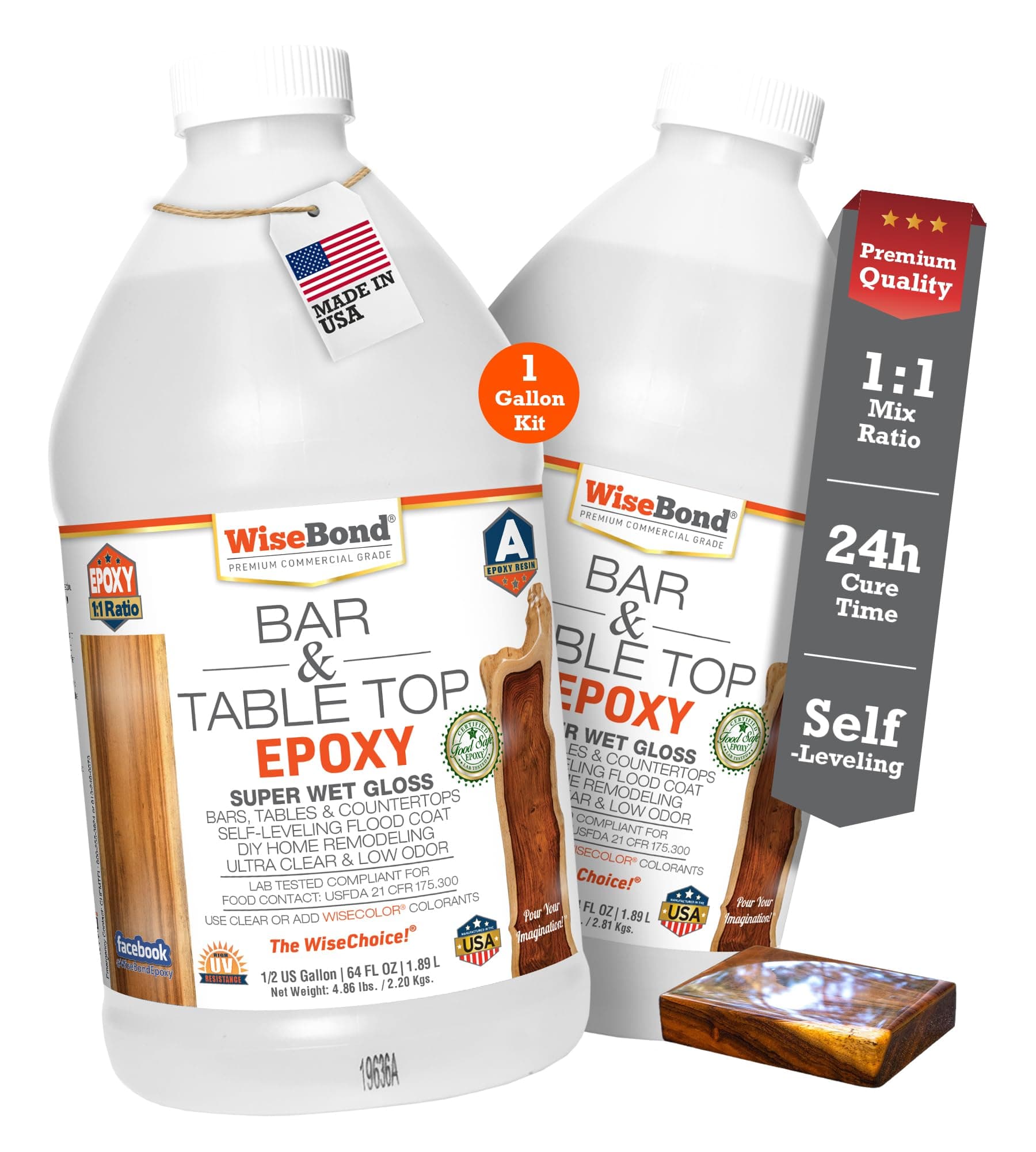 WiseBond Table Top Epoxy Resin 1 Gallon Kit, Made in USA, Food Safe Bubble Free, Anti-Yellow UV Resistant, Clear High Gloss, 2 Part 1:1 Mix Ratio, DYI Bar Tops, Countertop Surface Coating
