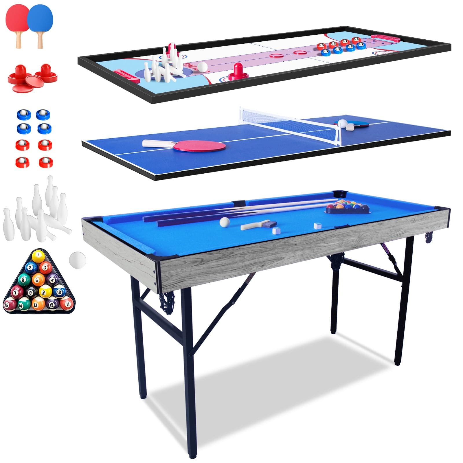 54" Upgrade Multi Game Table,5 in 1 Folding Portabel Games with Accessories,Ping Pong,Pool Billiard,Shuffleboard,Bowling,Hockey Combo Game Set for Indoor and Outdoor Family Game Table