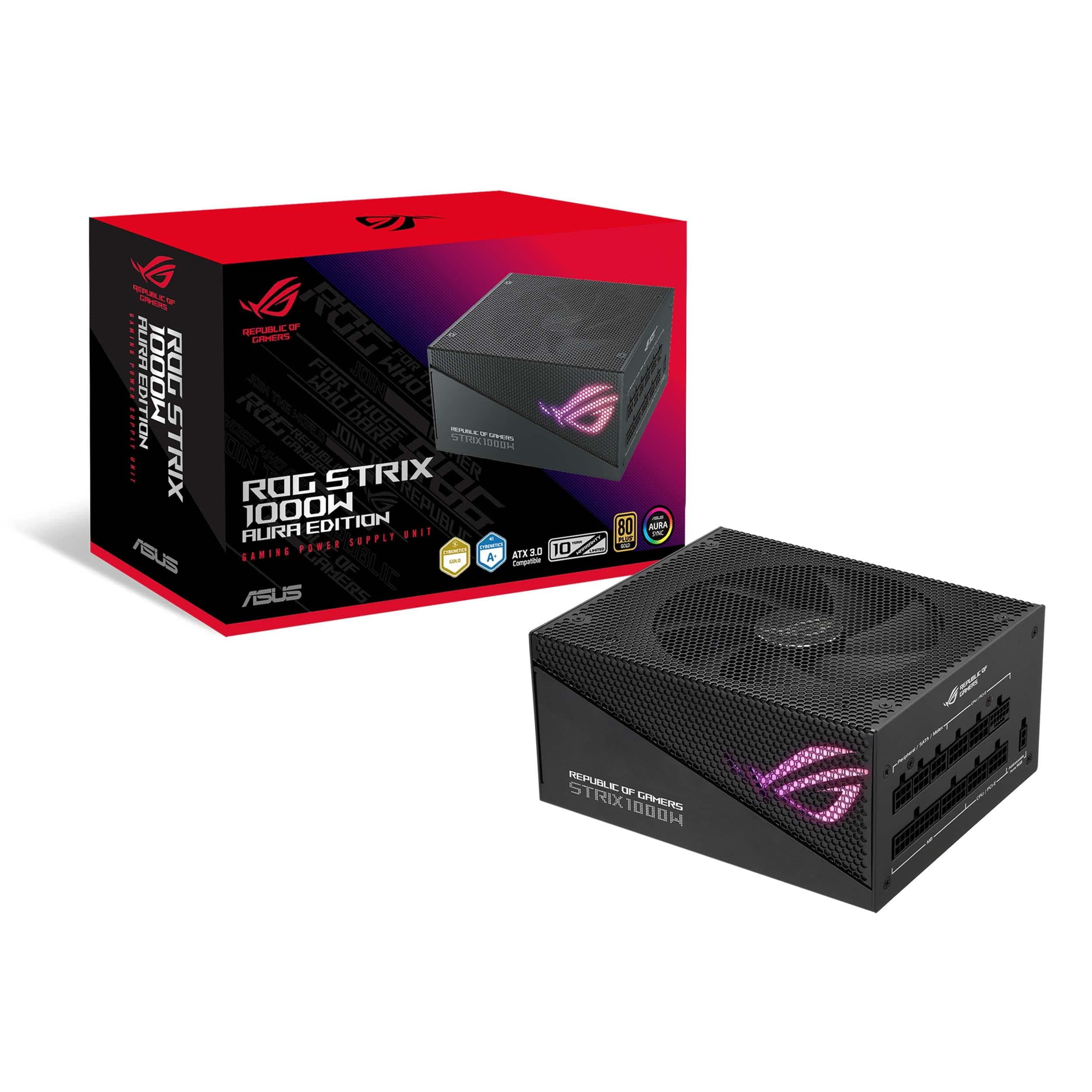 rog strix 1000w gold psu, rog heatsinks, axial-tech fan design, dual ball fan bearings, 0db technology, 80 plus gold certification, fully modular cables - black, 90YE00P1-B0NA00
