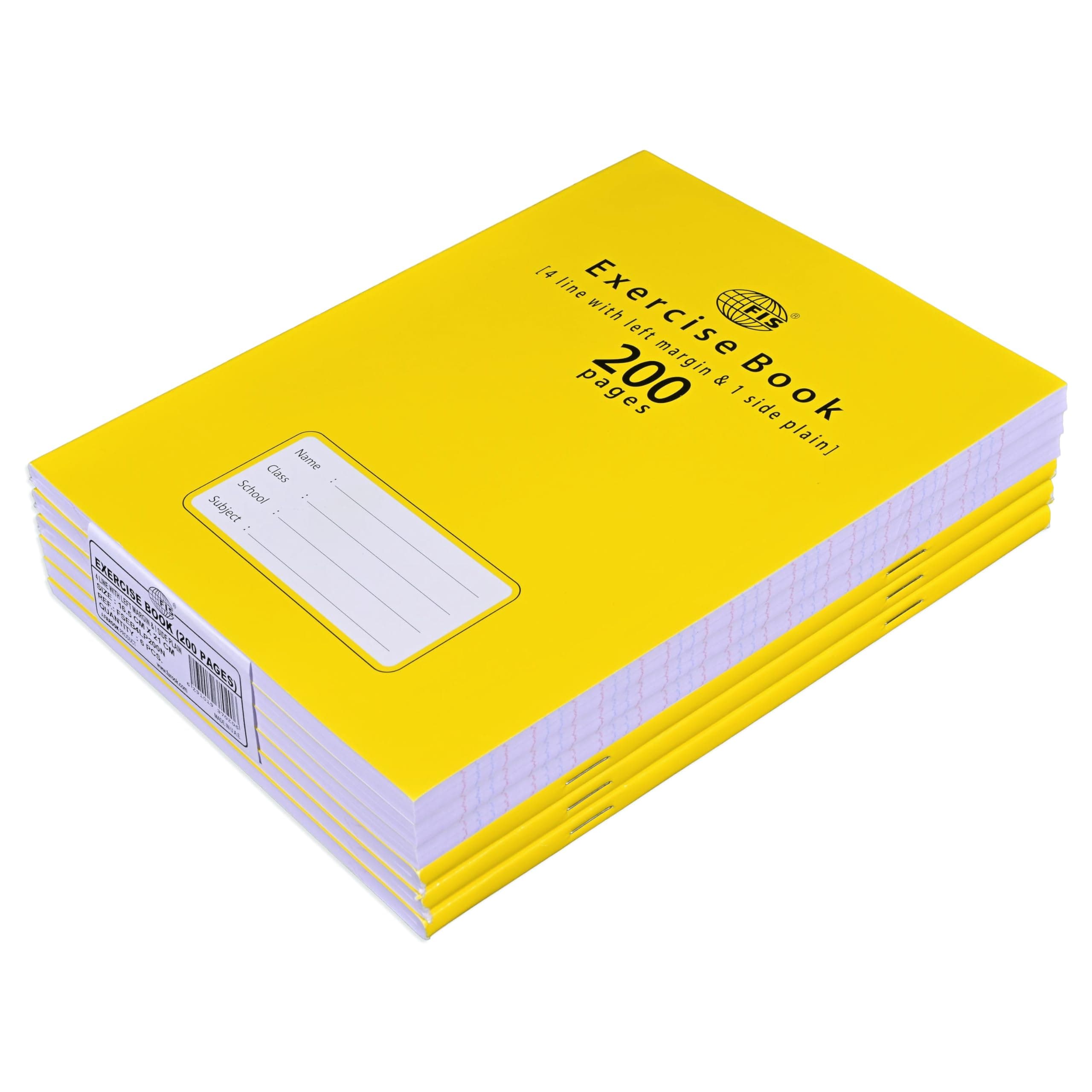 FIS® Exercise Book, Size 165x210mm, 100 Sheets, 200 Pages, 4 Line with Left Margin & 1 Side Plain, Packet of 6 Pieces, Neon Yellow Cover with Mathematical Info-FSEB4LP200N