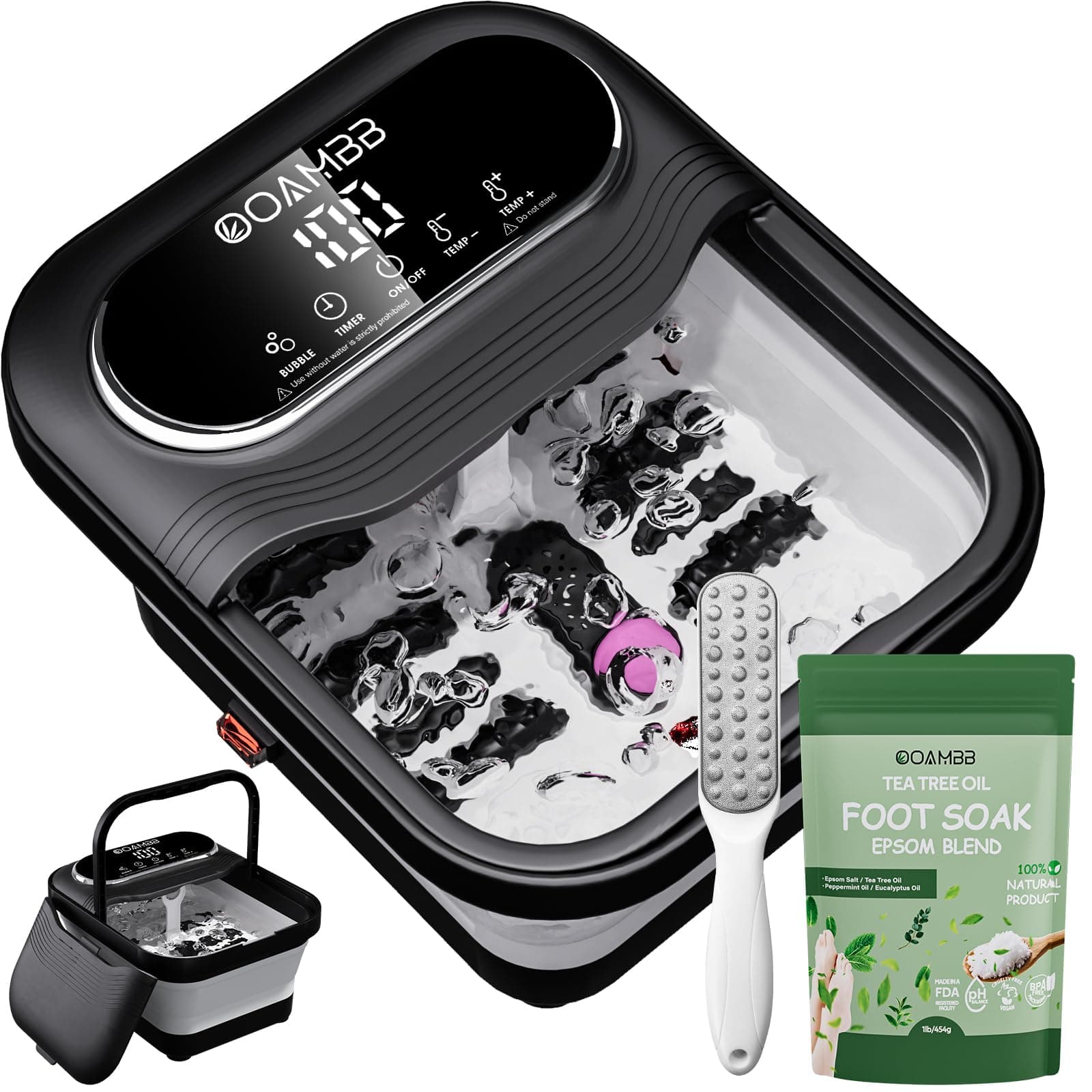 Collapsible Foot Spa with Heat, Bubble and Temp Control, Foot Bath Massager with XL Touch Screen and Massage Rollers, Foot Soaking Tub, Pedicure Foot spa for Stress Relief (Black +Green)