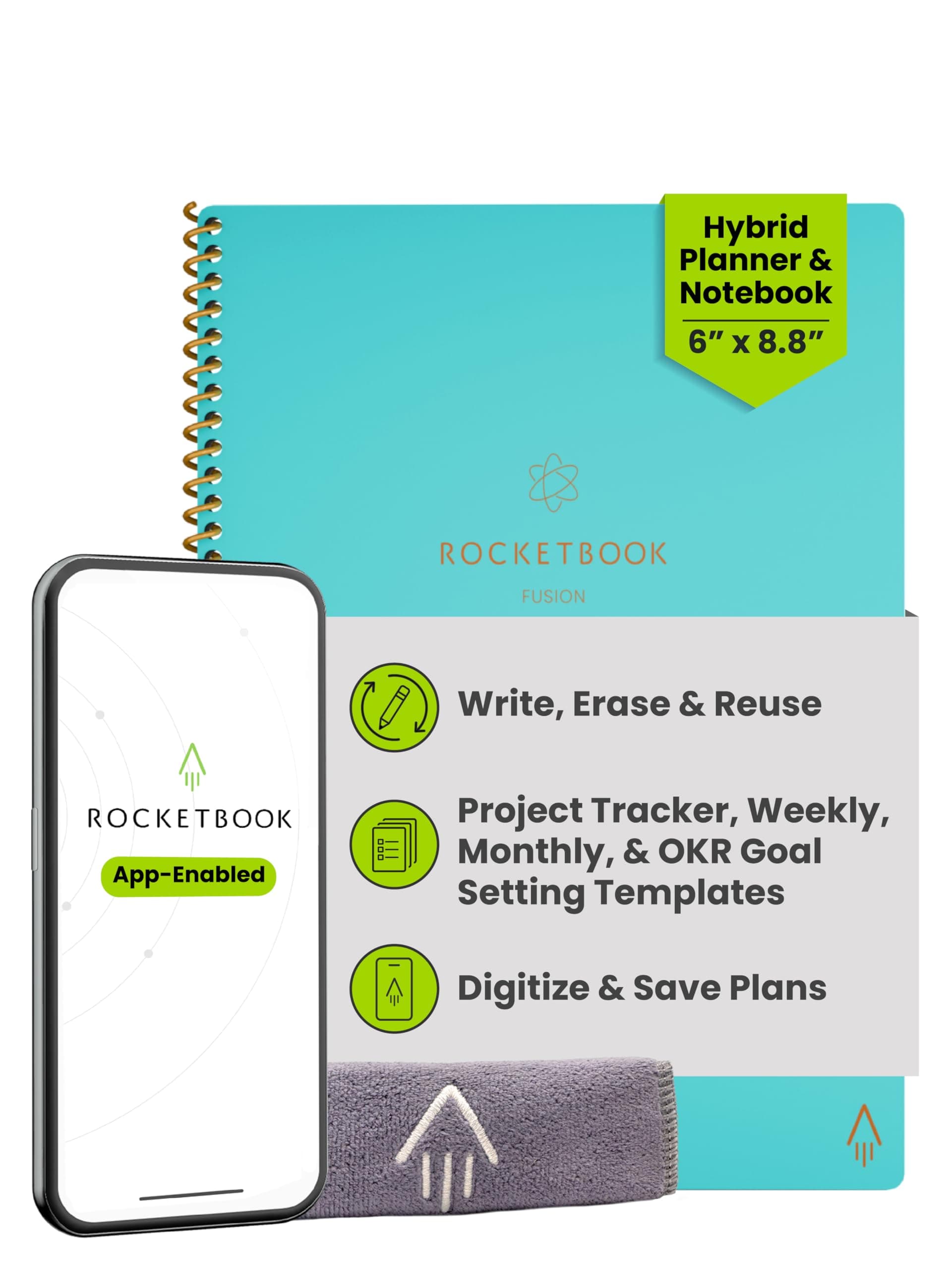 Fusion Hybrid Reusable Planner and Notebook in One, Additional Blank Pages, Goal and Project Tracker, Undated Planner, Executive Size 6x8.8, Teal (Pack of 1)