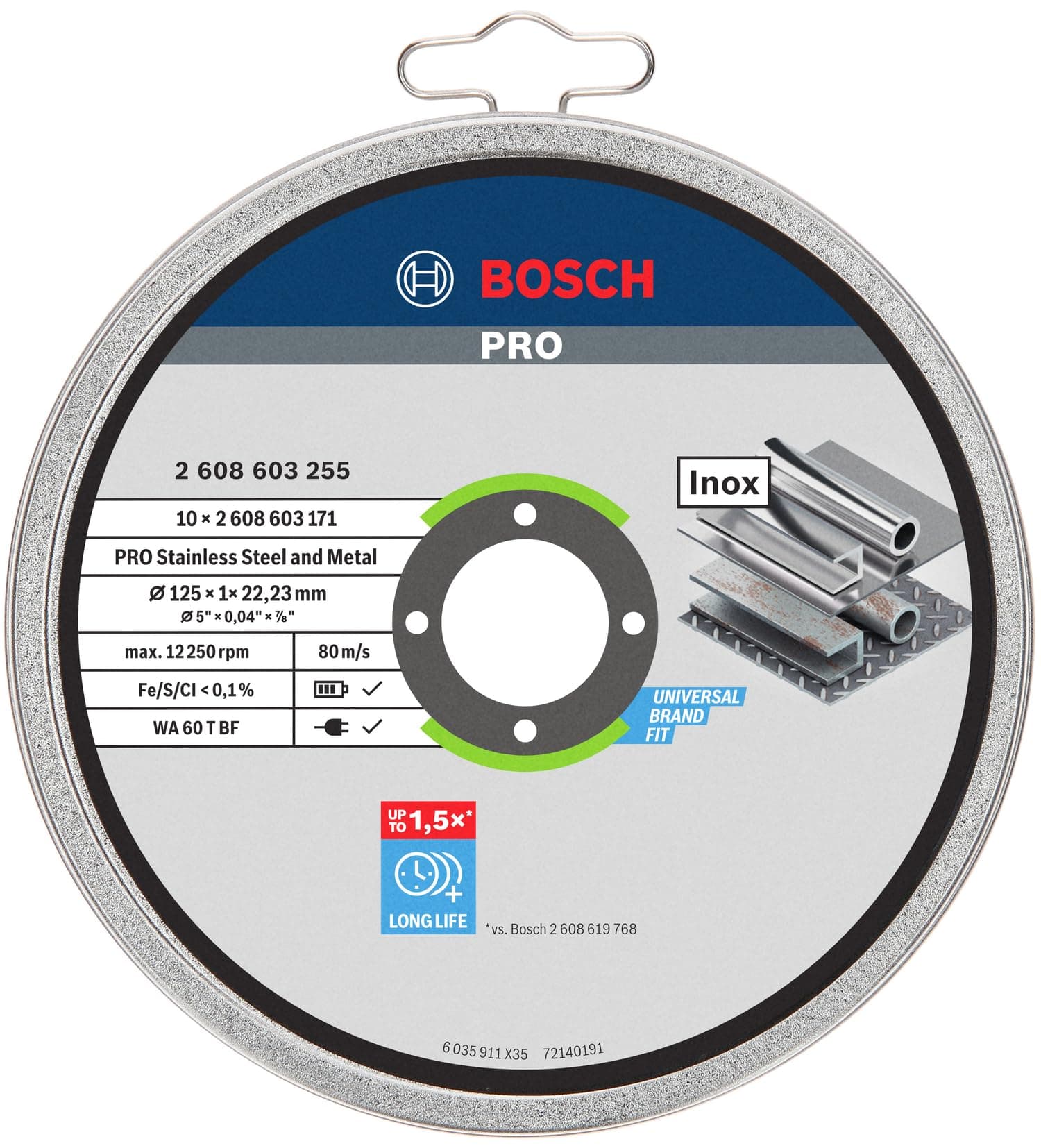 Bosch Professional 10 x Cutting Discs for Inox Rapido WA 60 T BF (for Stainless Steel, Ø 125 mm, Straight, Accessories for Angle Grinders), white, 125mm x 1mm x 22.23mm, 2608603255
