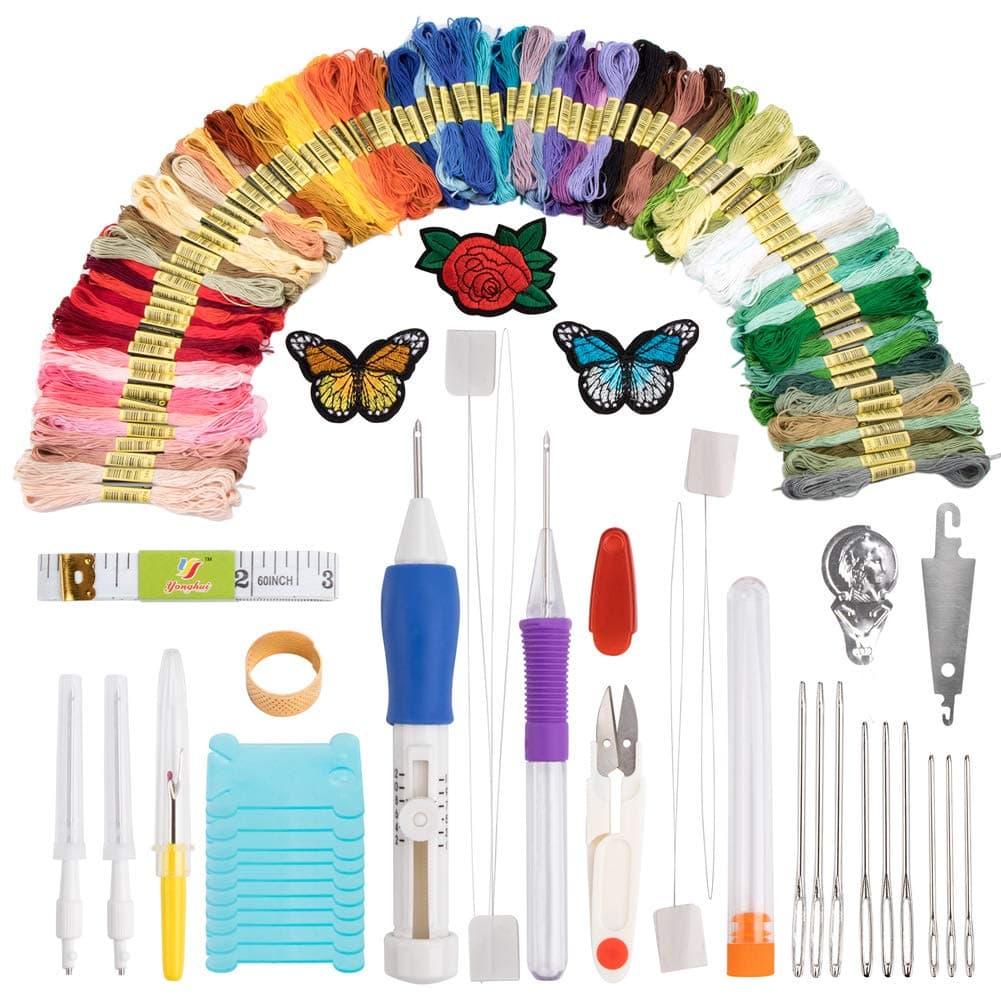 Embroidery Pen Punch Needle, Embroidery Patches/Patterns Floss And Scissors Gift Set, Embroidery Needles Starter Kit Craft Tools Including 100 Colors Skeins Embroidery Thread for Sewing Knitting DIY T