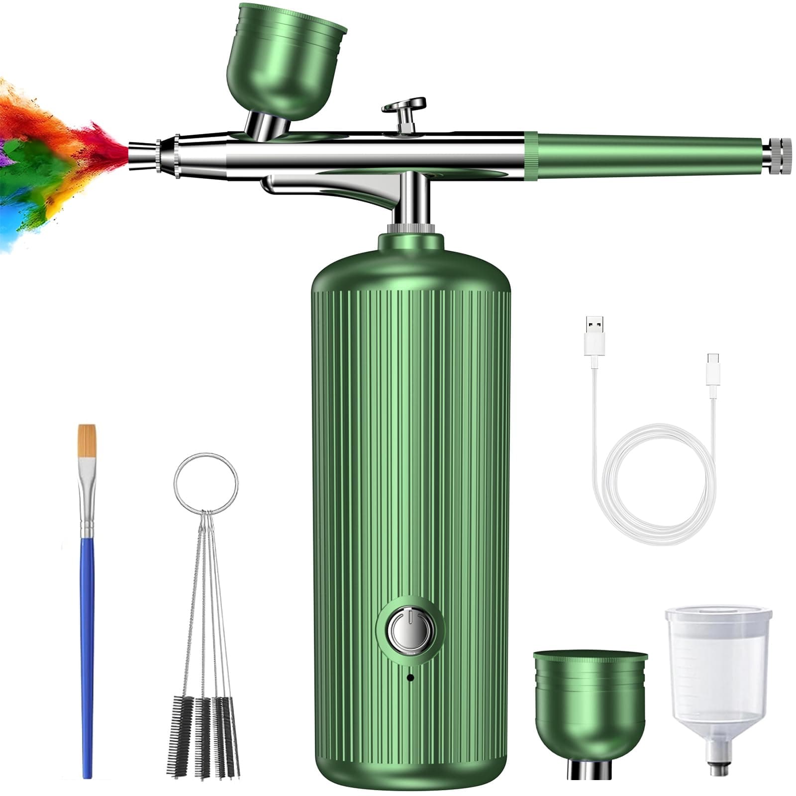 Airbrush Kit with Compressor, 48PSI Cordless Non-Clogging High-Pressure Air Brush Gun with 0.3mm Nozzle and Cleaning Brush Set for Graffiti Painting, Nail Art, Makeup, Cake Decor (Green)