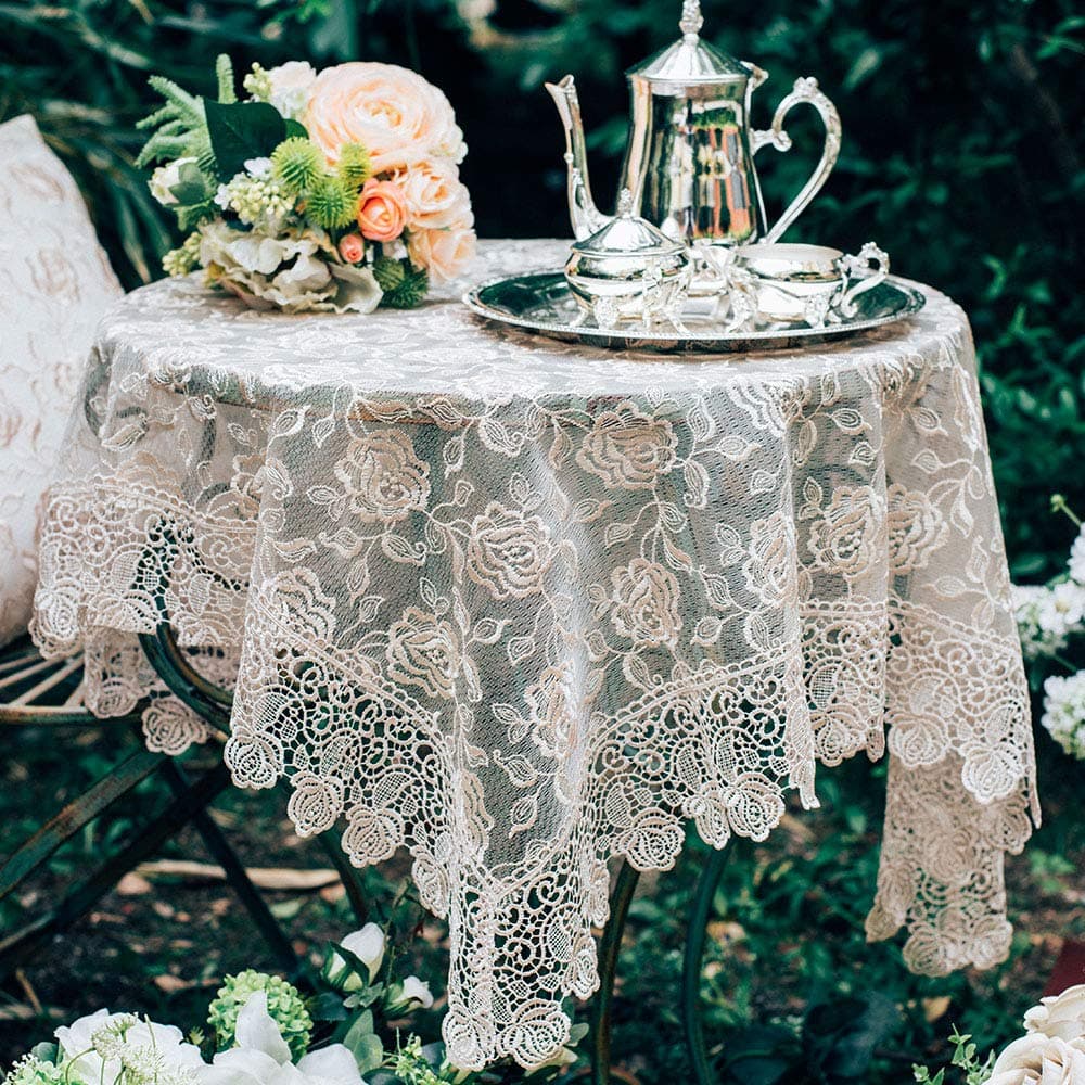 ARTABLE Rectangle Small Table Cloth Lace Macrame Vintage Tablecloth Shabby Chic Embroidered Oblong Table Cover for Wedding Banquet Holiday Long Dinner Tables (Golden, 33" x 33")