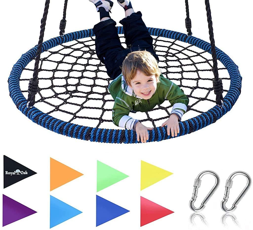 Royal Oak Giant 40" Blue Spider Web Tree Swing, 600 lb Weight Capacity, Durable Steel Frame, Waterproof, Adjustable Ropes, Bonus Flag Set and 2 Carabiners, Non-Stop Fun for Kids!
