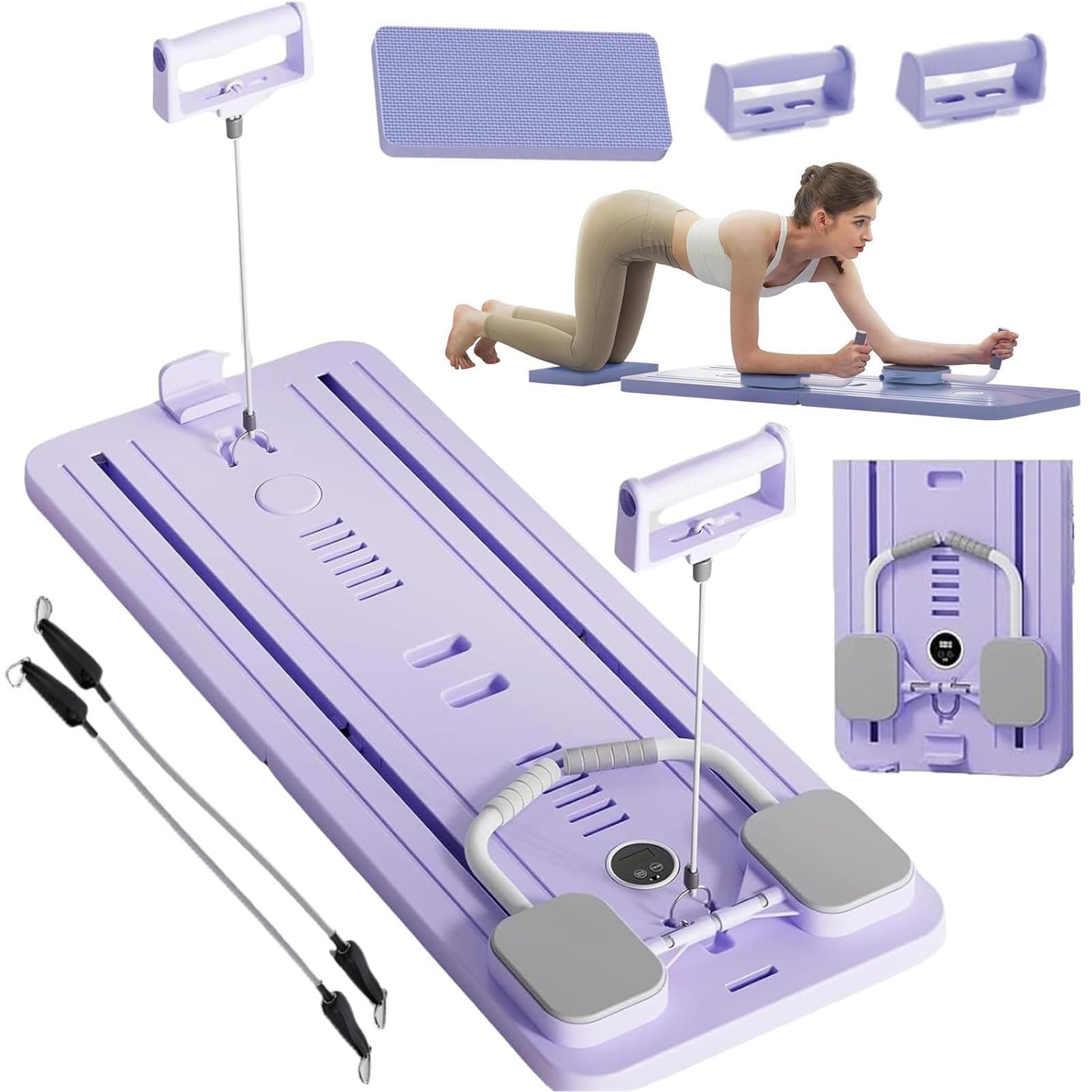 Pilates Reformer Machine Board Set Ab Roller Exercise Wheel Automatic Rebound Foldable Pilates Board Abdominal Exercise Equipment with Resistance Rope and Timer