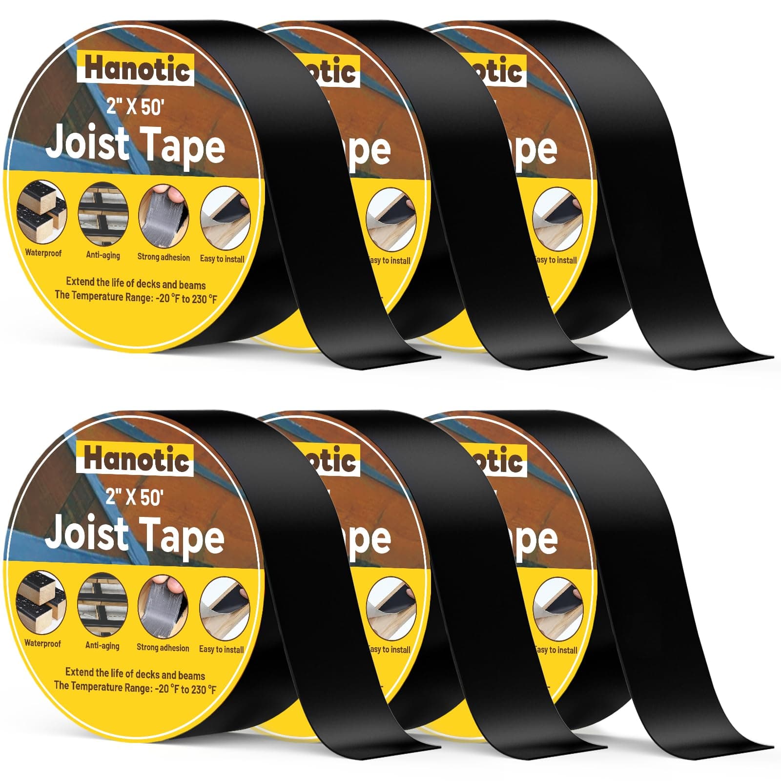 Joist Tape for Decking 50mm x 15.2m (2'' X 50'), 6 Rolls Weather Resistance Butyl Tape, Waterproof and Anti-Corrosion, Self-Adhesive for Wood Joists Decks Beams Roof Rv