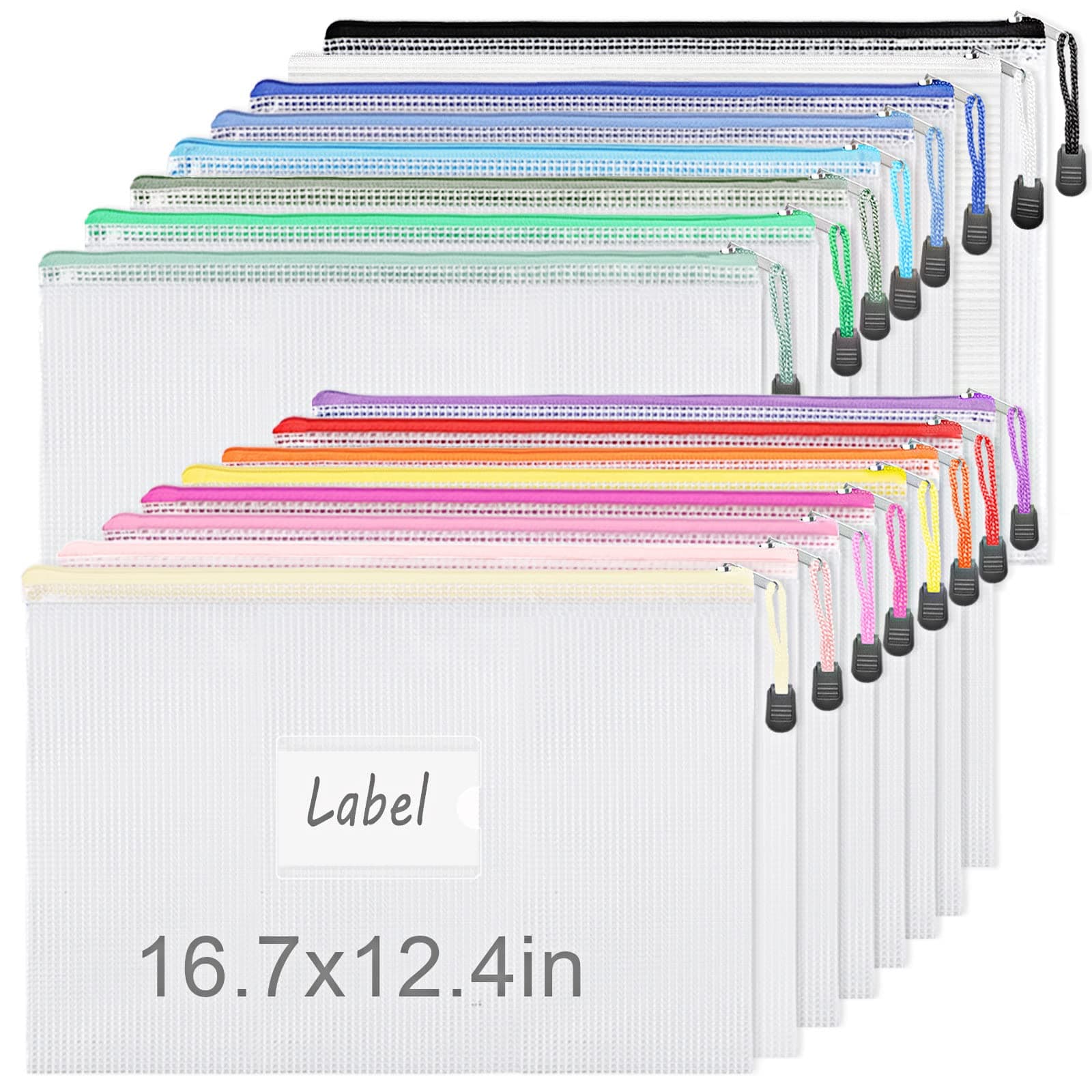 EOOUT 16pcs 16.7x12.4inch Mesh Zipper Pouch A3 Zipper Bags Document Bag with Labels, Plastic Zip File Folders in 16 Colors, Letter Size, Zipper Bags for Organizing School Board Games Office Supplies