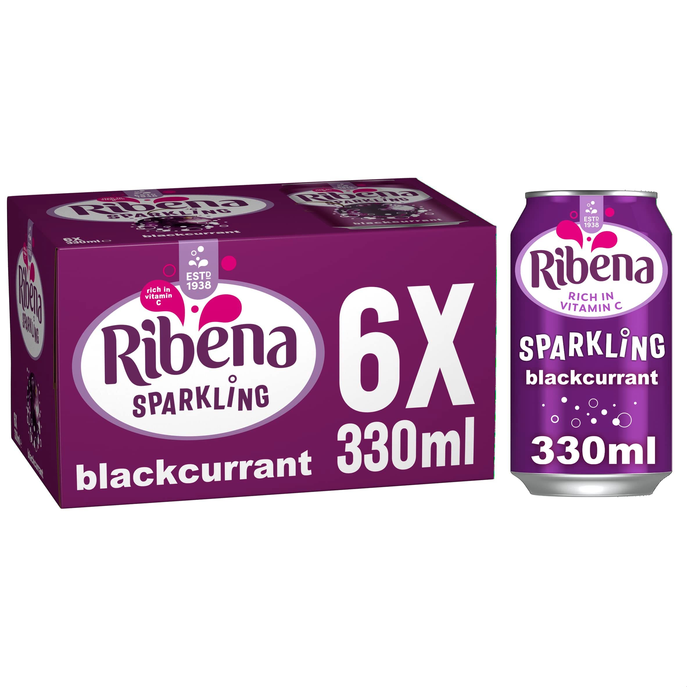Ribena Sparkling Blackcurrant Multipack - 6x330ml cans | Real Fruit | Rich in Vitamin C | No Artificial Colours or Flavours | Carbonated | Bursting with Flavour