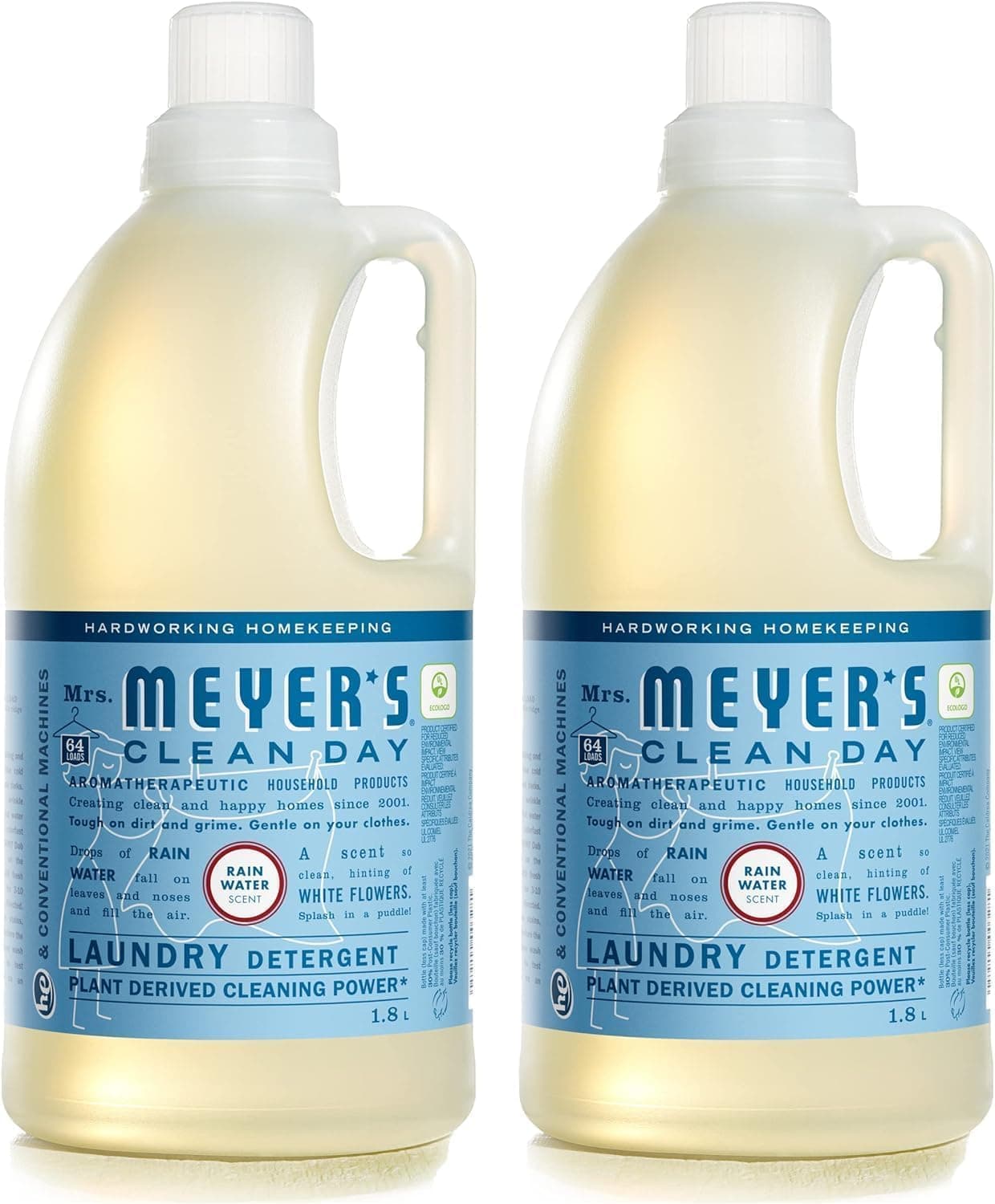 MRS. MEYER'S CLEAN DAY Liquid Laundry Detergent, Infused with Essential Oils, Rain Water, 64 oz - Pack of 2 (128 Loads)
