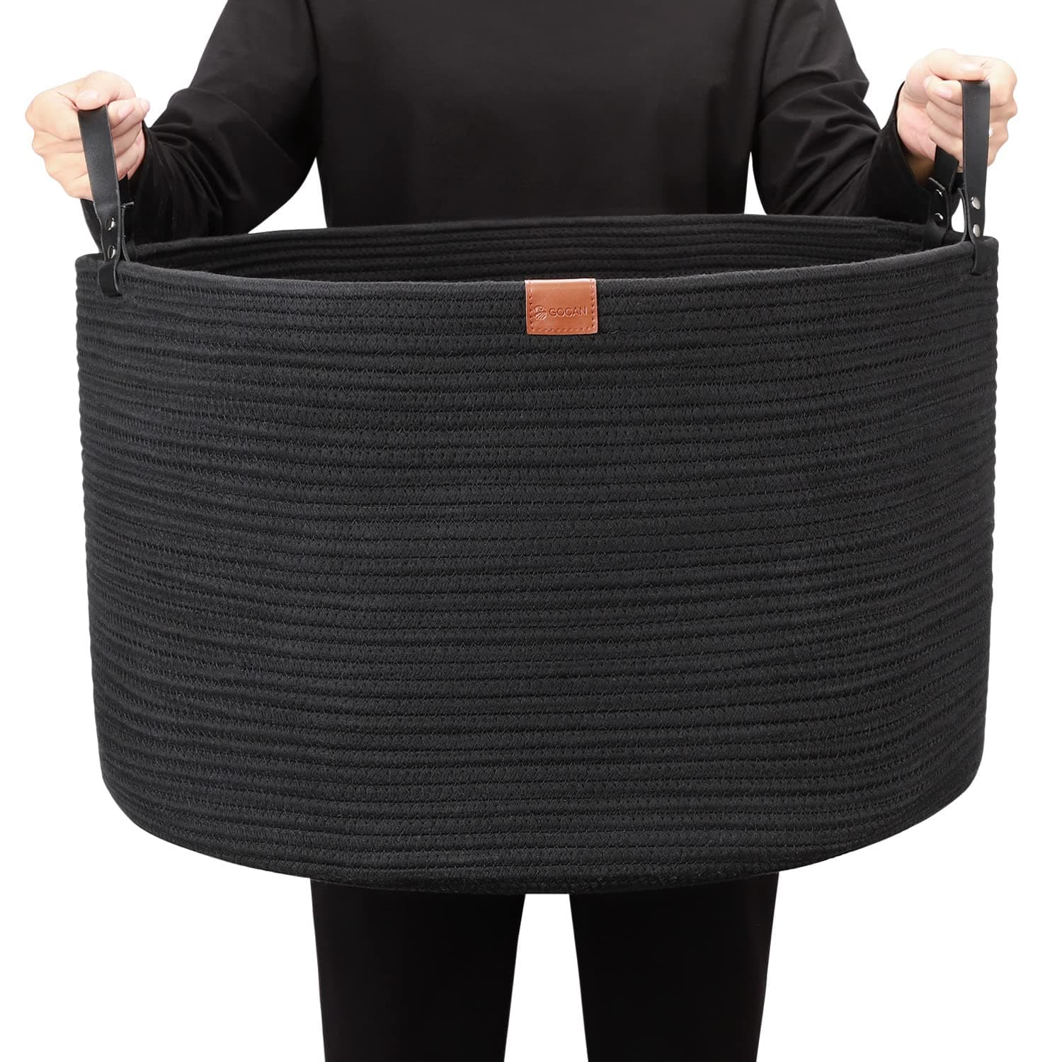 GOCAN Extra Large Storage Basket 22" X 22" X 14" Cotton Rope Woven Basket for Blanket, Toys Storage (Pure Blk)