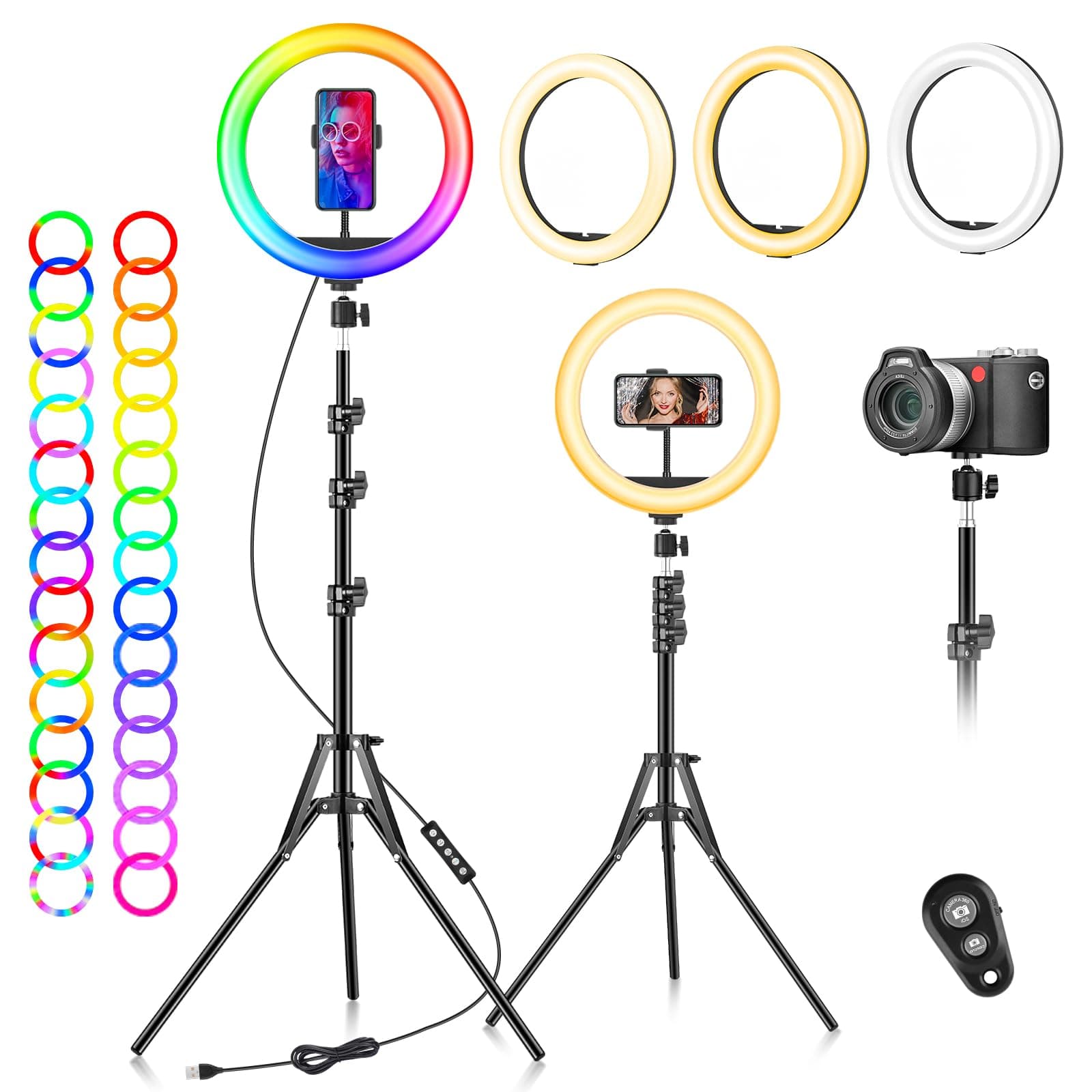 AWH Ring Light with Tripod Stand & Phone Holder - 10 inch Selfie LED Ringlight Dimmable Desktop Lamp 40 Colors RGB Tall Circle Light for Camera Makeup Video YouTube TikTok Live Streaming Zoom Meeting