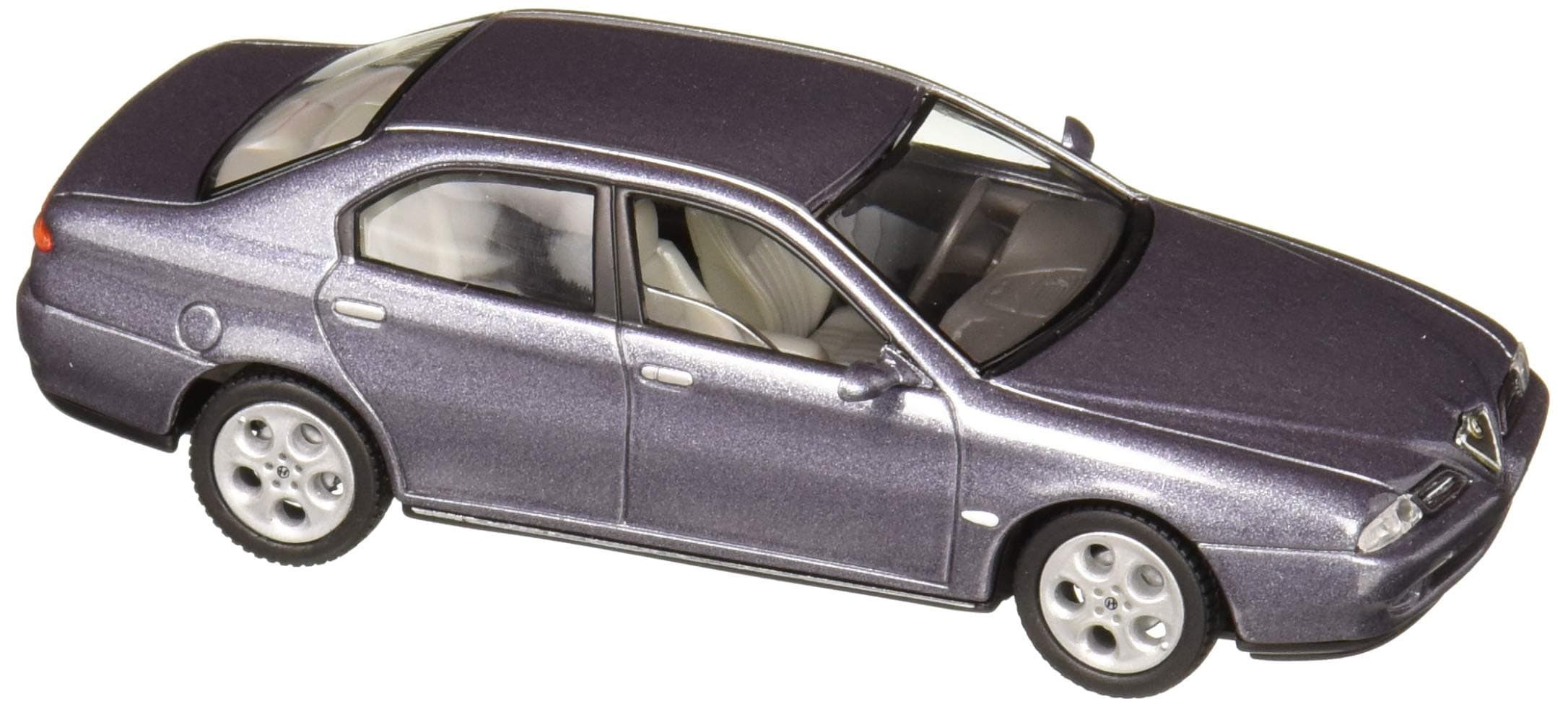 Alfa Romeo 166 in metallic dark grey 1:43 scale model from Solido. This model is presented in an Alfa Romeo themed tin with an outer cardboard sleeve.