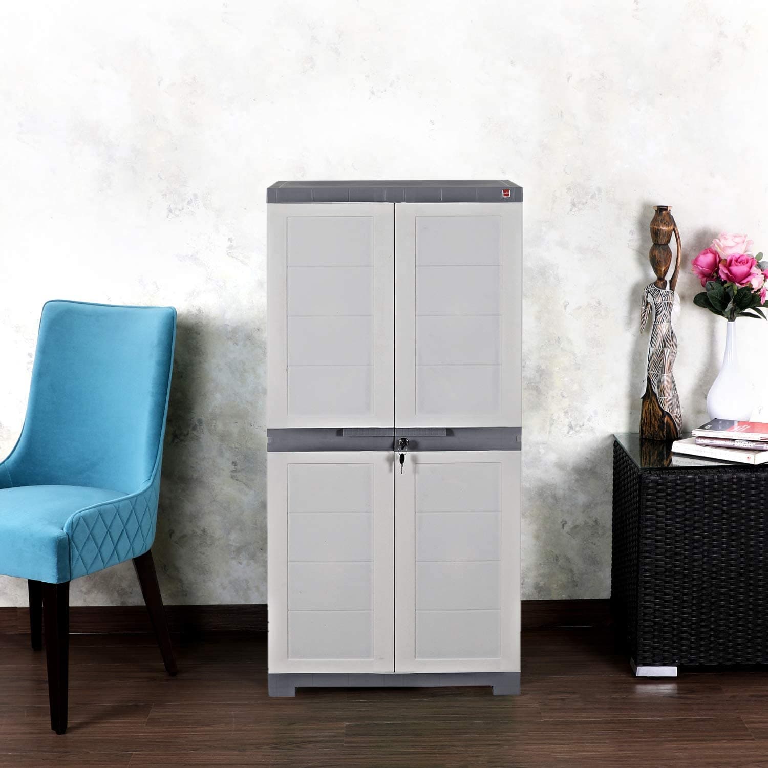 Cello Novelty Big Plastic Cabinet with Dustproof Doors| 3 Year Warranty | Almirah, Cupboard, Wardrobe for Home, Living Room, Bedroom, Kitchen, Office, Outdoor| White & Grey Colour