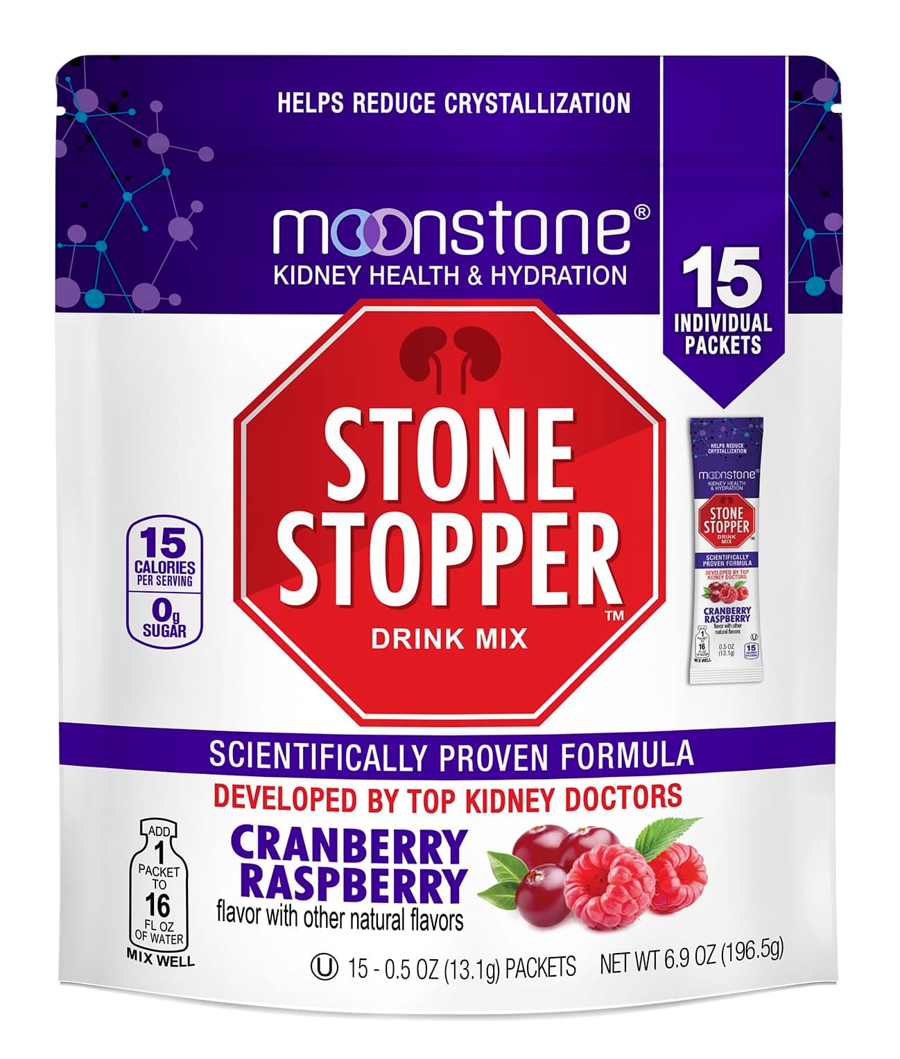 Moonstone Stone Stopper Drink Mix, Cranberry Raspberry, Kidney Stone Prevention, Calcium Oxalate Protector, Developed by Urologists to Improve Hydration and Support Kidney Health, 15 Day Supply