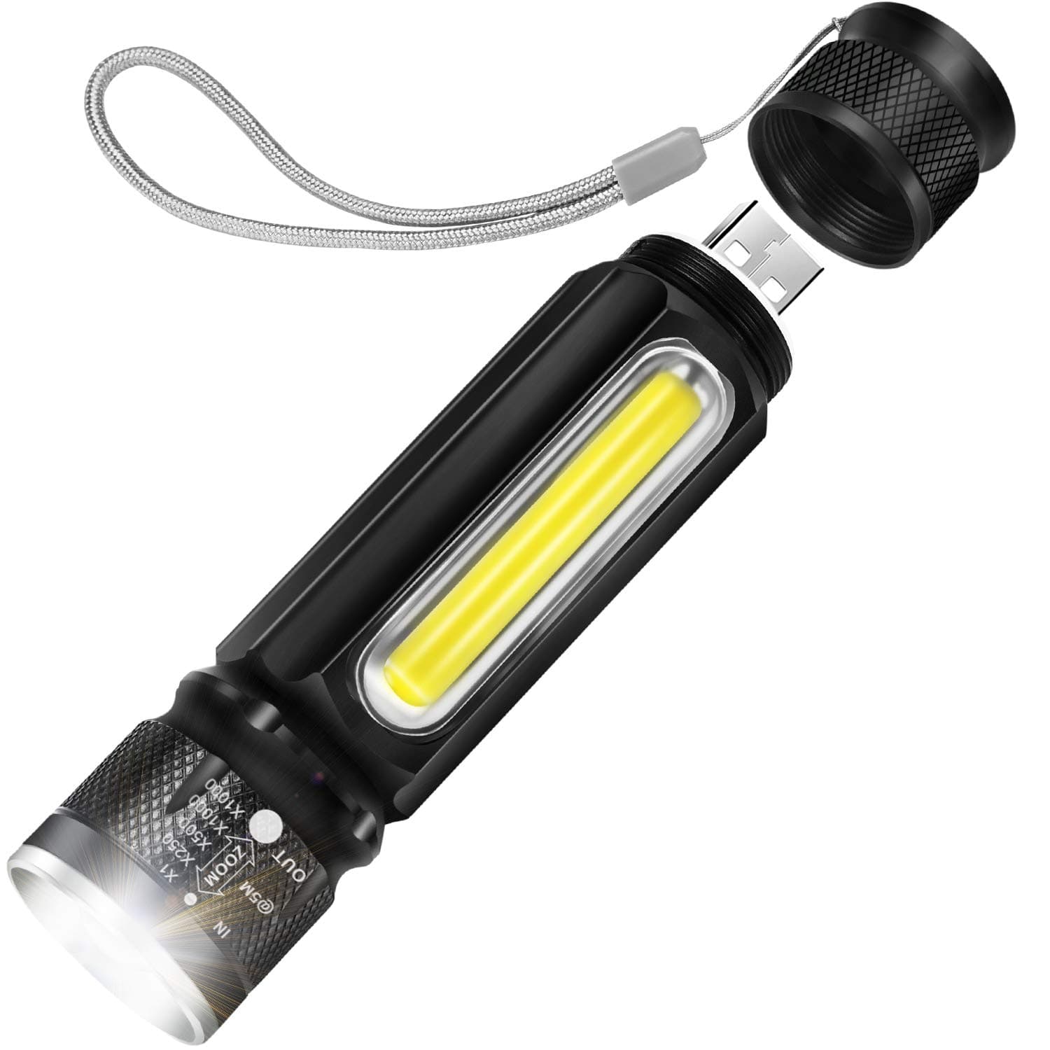 USB-Rechargeable-LED-Torch-Flashlight Super Bright 800 Lumen Pocket Torch,Built-in 18650 Battery 4 Modes Mini Zoomable LED Flashlight with Powerful Cree T6 and COB LED, Waterproof Hand Torch