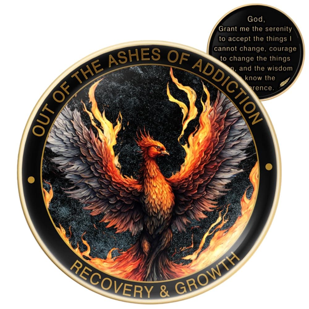 Phoenix Sobriety Coin Gift Set | Sobriety Gifts Token for Anniversary Year | AA Chips for Men & Women in Recovery | AA Coins and Medallions with Coin Capsule, Display Stand & Card