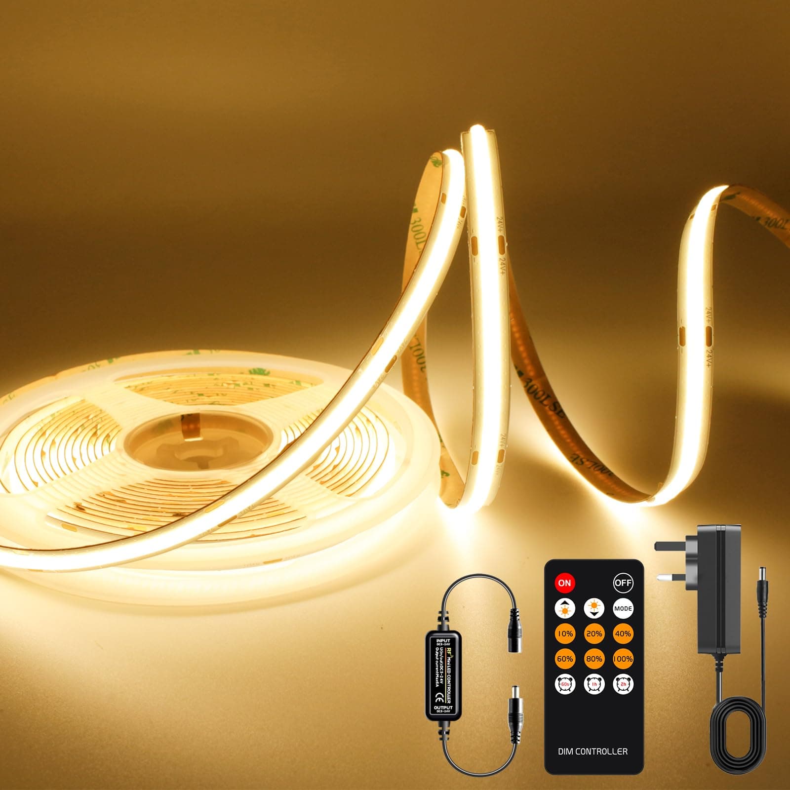 AXMOTUT COB LED Strip Light Warm White, High Bright LED Strips with 1600LEDs, RF Remote and UKCA Power Supply, 3000K Dimmable LED Lights for Bedroom, Kitchen, DIY Home Decoration
