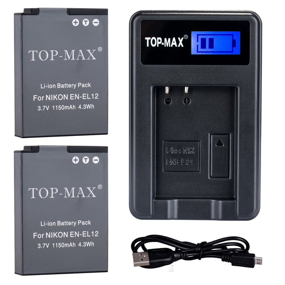 TOP-MAX (2-Pack) EN-EL12 Battery + USB Charger for Nikon Coolpix P300 P310 P330 P340 P3000 S31 S70 S610 S620 S630 S640 S800c S1000pj S1100pj S1200pj S6000 S6100 S6150 S6200 S6300 S8000 S8100 S8200 S9050 S9100 S9200 S9300 S9400 S9500 S9600 S9700 S9900 AW100 AW100s AW110 AW110s AW120 AW120s AW130 Digital Camera