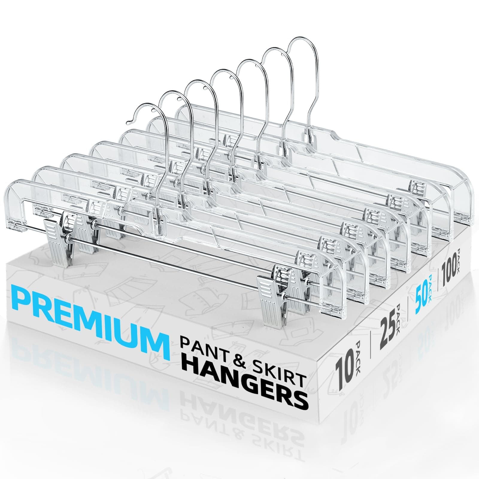 HOUSE DAY 50 Pack 14 inch Clear Plastic Pants Hangers with Clips, Skirt Hangers, Clip Hangers for Pants, Trouser Bulk Plastic Pant Hangers