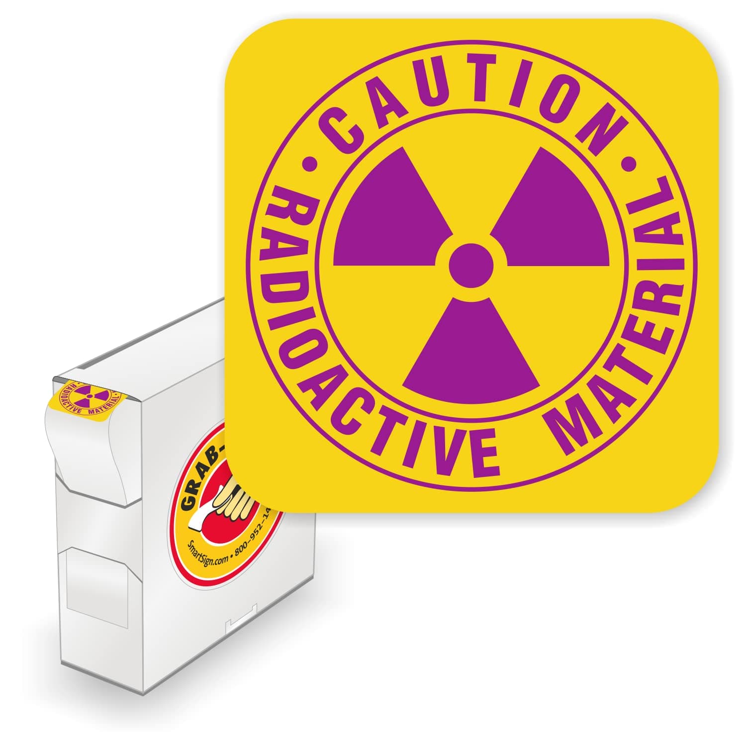 Pack of 750 Caution Radioactive Material Labels in Dispenser Box | 0.875" x 0.875" Matte Paper Stickers, Purple and Yellow