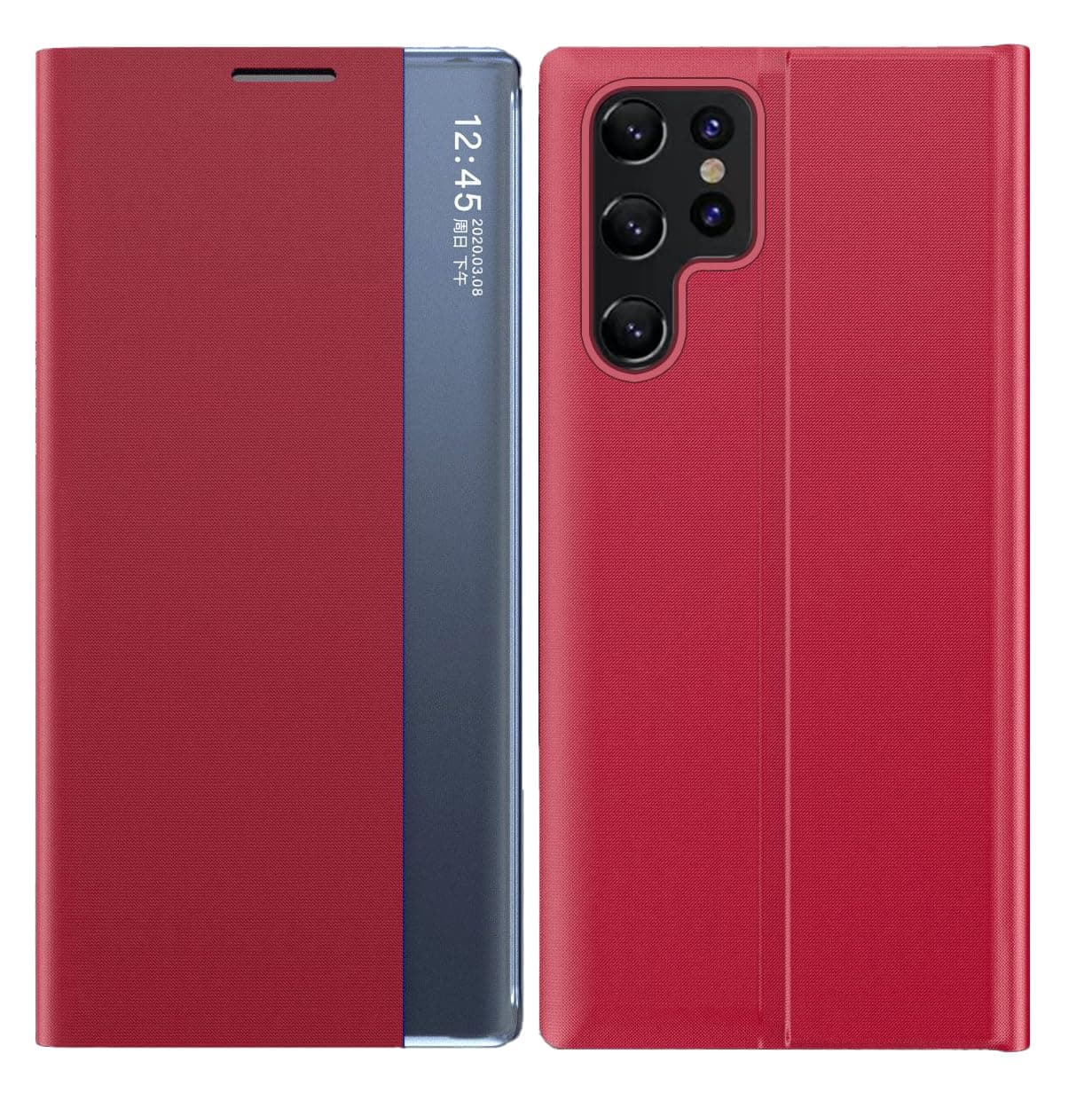 Case for Samsung Galaxy S25 Ultra/S25 Plus/S25, Slim Leather Case with Window View Function and Smart Hibernation Flip Shockproof Protection Cover,Red,S25