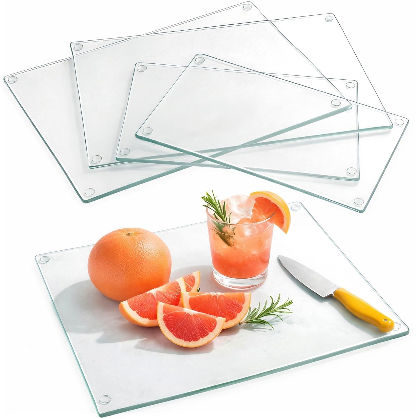Hacaroa 4 Pack Tempered Glass Cutting Board with Rubber Feet, Rectangle Non-slip Chopping Board, Long Lasting Clear Glass Tray for Kitchen Countertop, Table, Shatter-Resistant, Heat-Resistant, 2 Size