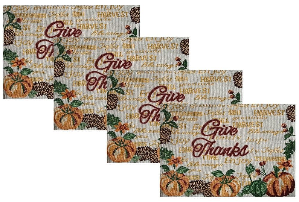 Fall Decorations - "Give Thanks" with Pumpkins and Pine Cones with Gold Accents Placemats for Fall and Thanksgiving - Set of 4