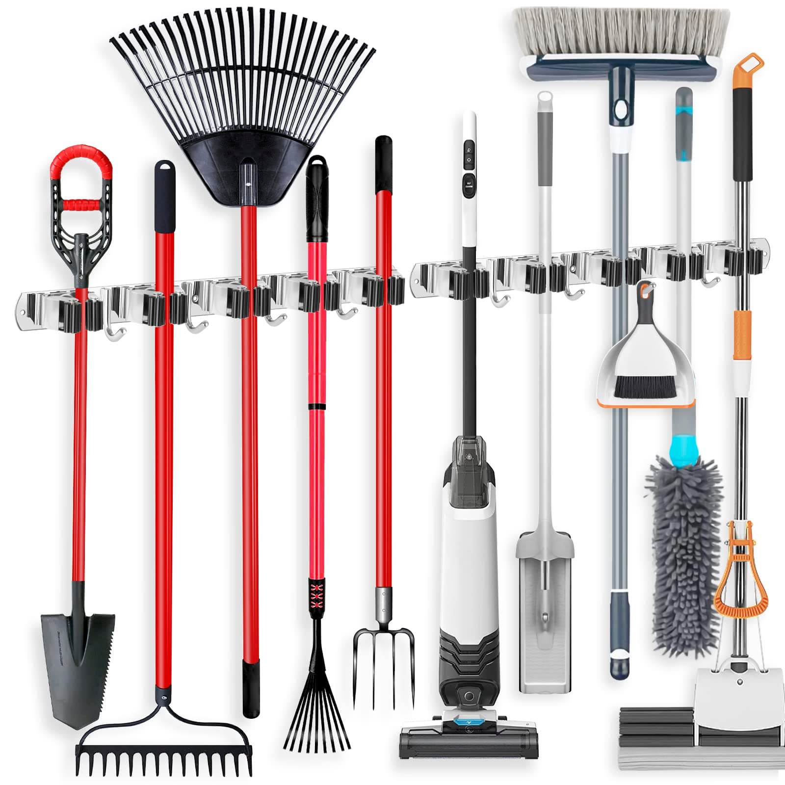 IMILLET 2 Pack Wall Mount Broom Holder Stainless Steel 5 Racks with 4 Hooks Broom Organizer Self Adhesive Heavy Duty Laundry Room, Garage Organization Storage