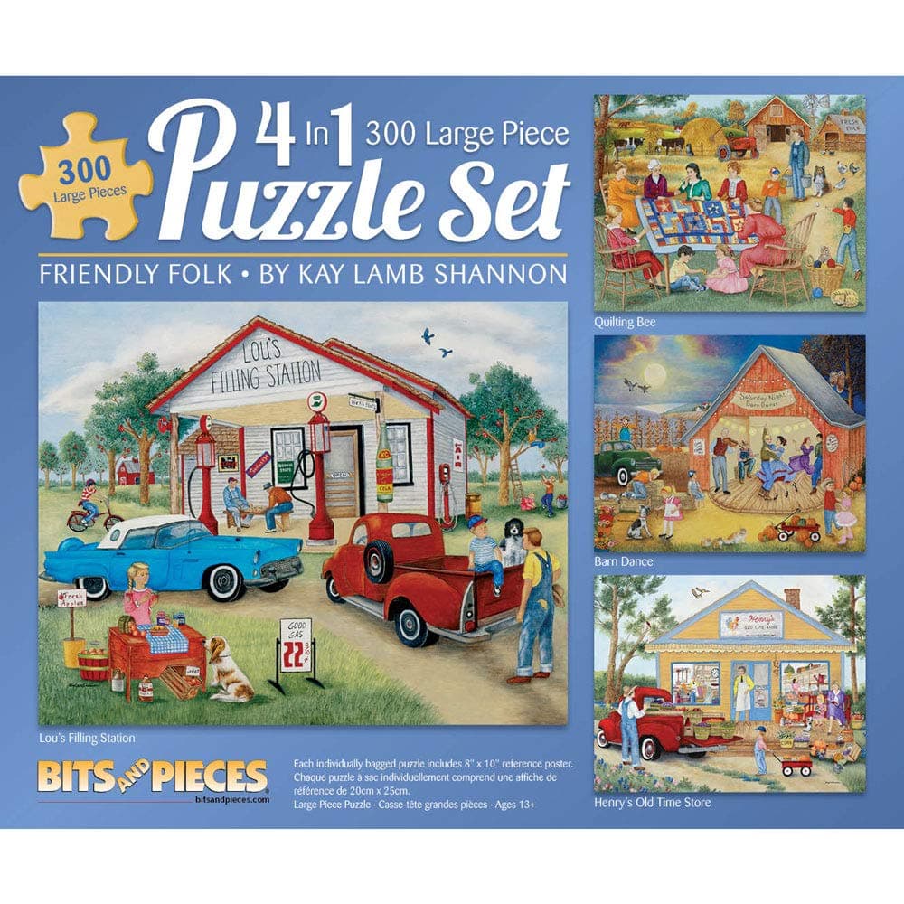 Bits and Pieces - Multi Pack of Four (4) - 300 Piece Jigsaw Puzzles for Adults - 300 pc Friendly Folk Set - Full Color Prints Included by Artist Kay Lamb Shannon