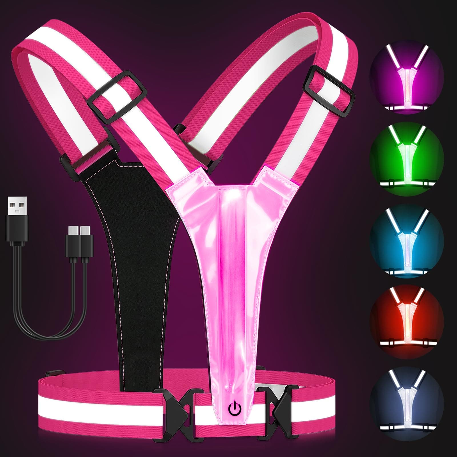 Zacro LED Reflective Vest Gear - Running Vest with 5 Light Colors, 3 Light Modes, USB Rechargeable, Adjustable Waist & Shoulder - High Visibility Light Up Reflective Gear for Night Walking, Cycling